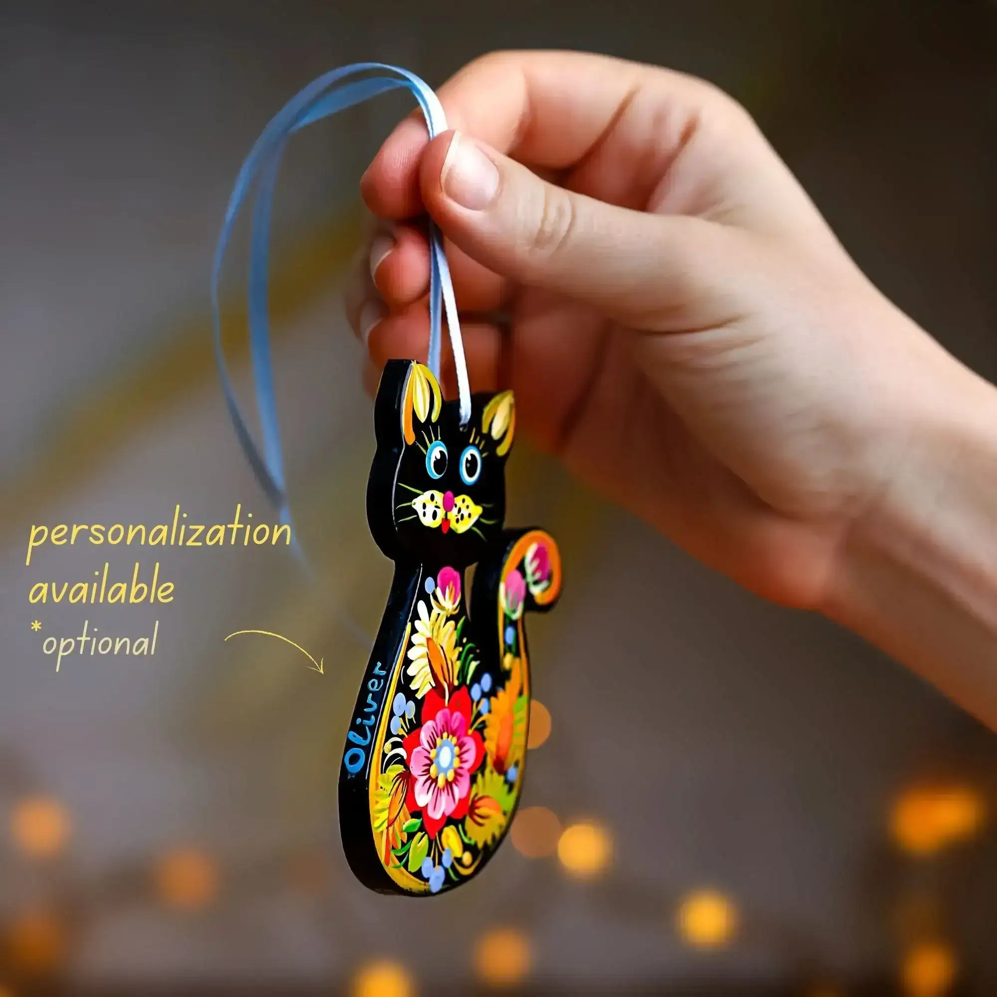 Hand-painted Set of 2 Wooden Cat Christmas Ornaments with Petrykivka Art