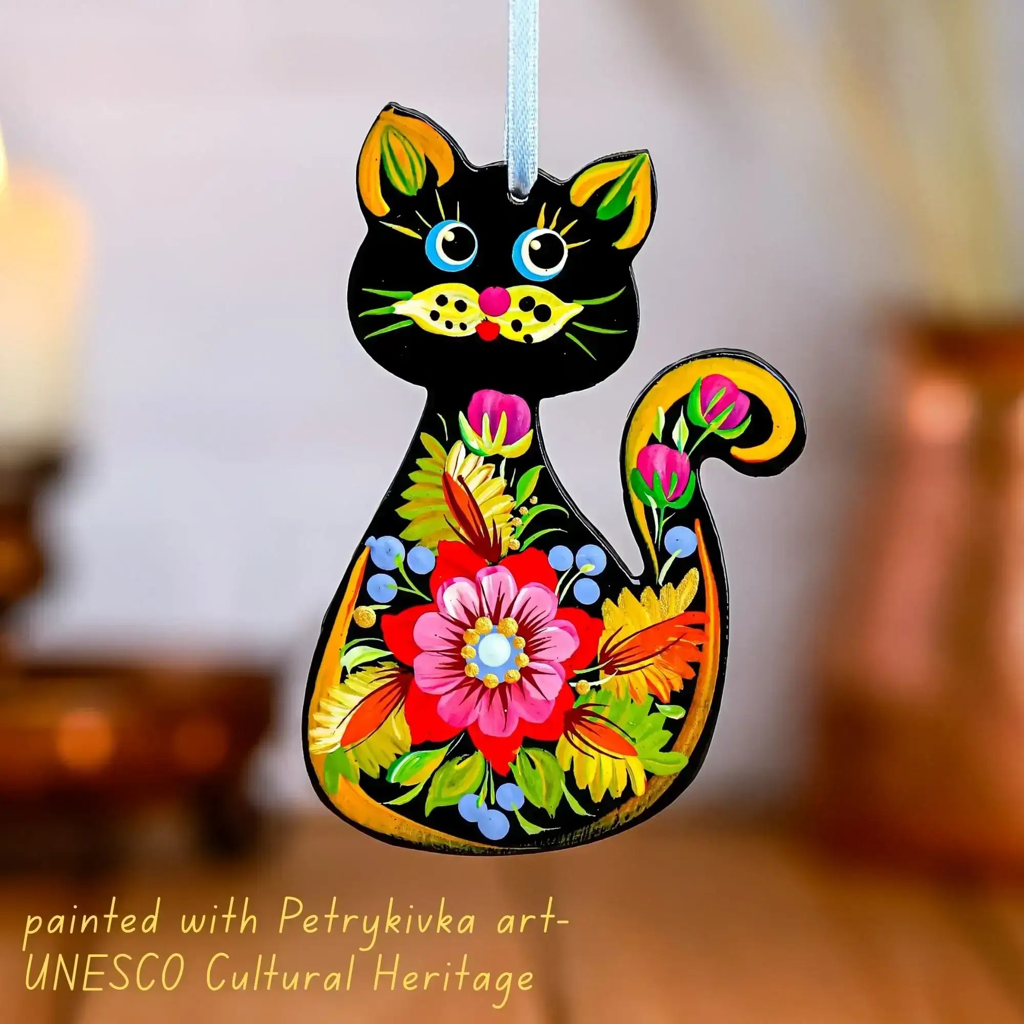Hand-painted Set of 2 Wooden Cat Christmas Ornaments with Petrykivka Art