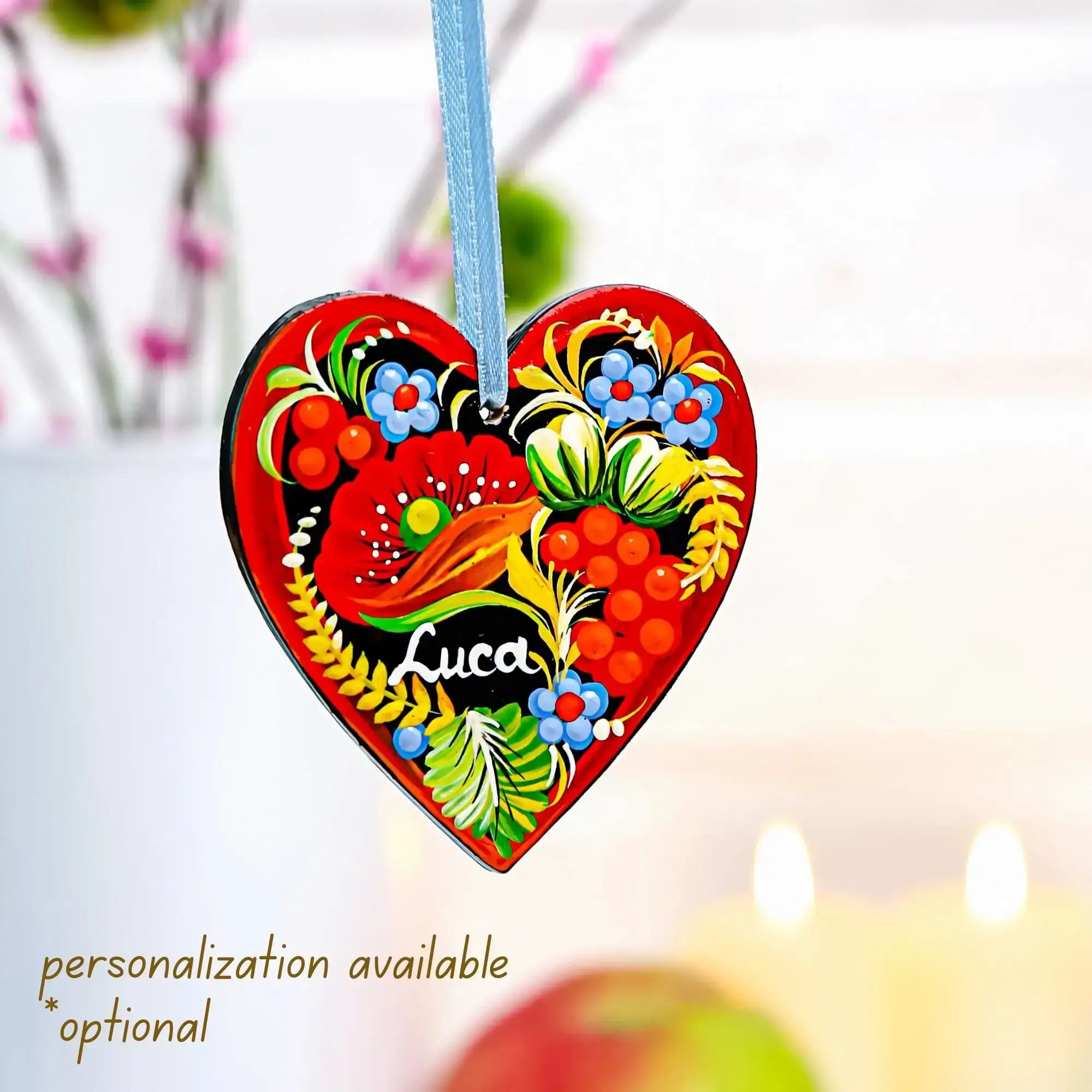 Set of 2 Personalized Painted Wooden Heart Christmas Ornament