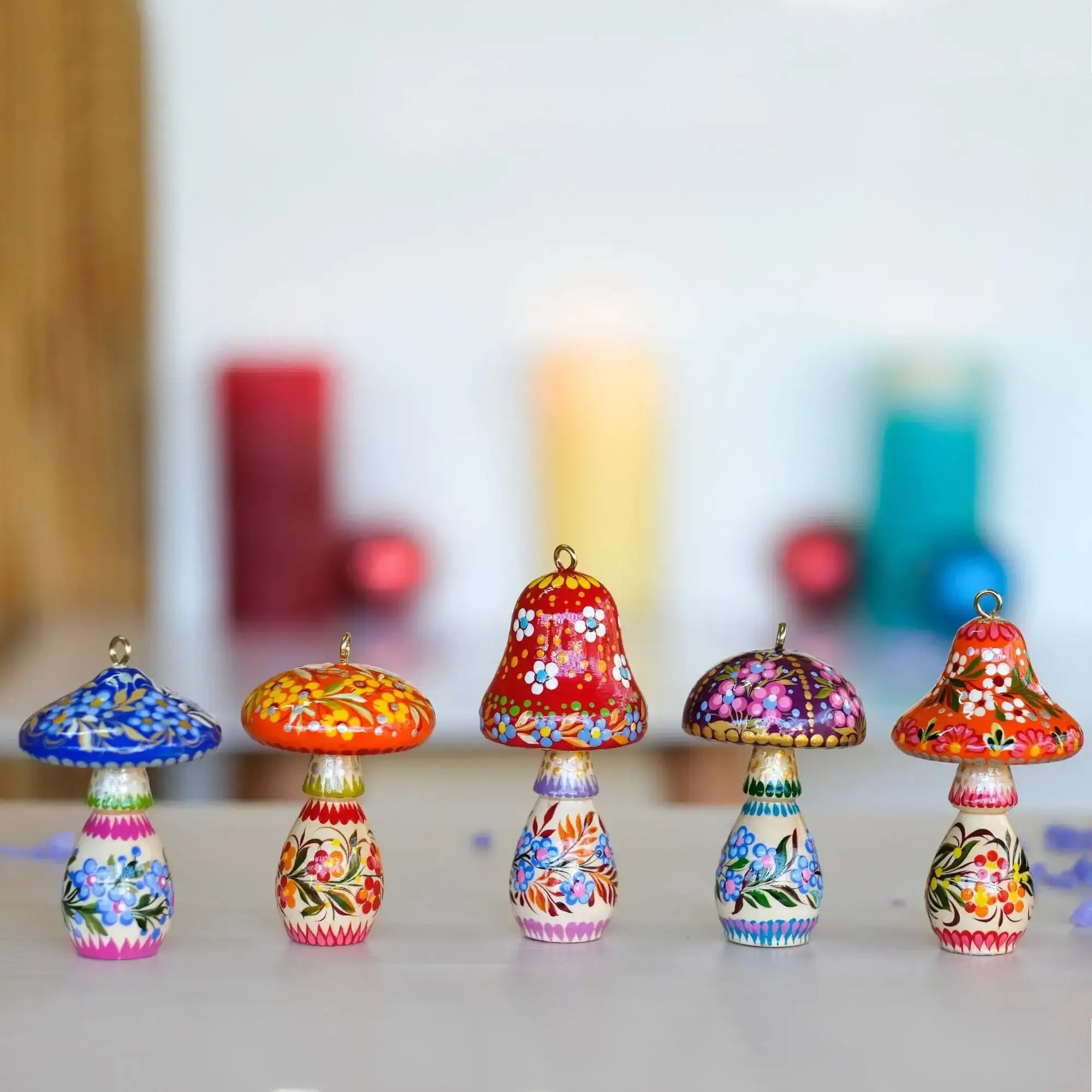 Set of 5 Painted Wooden Mushroom Christmas Ornaments
