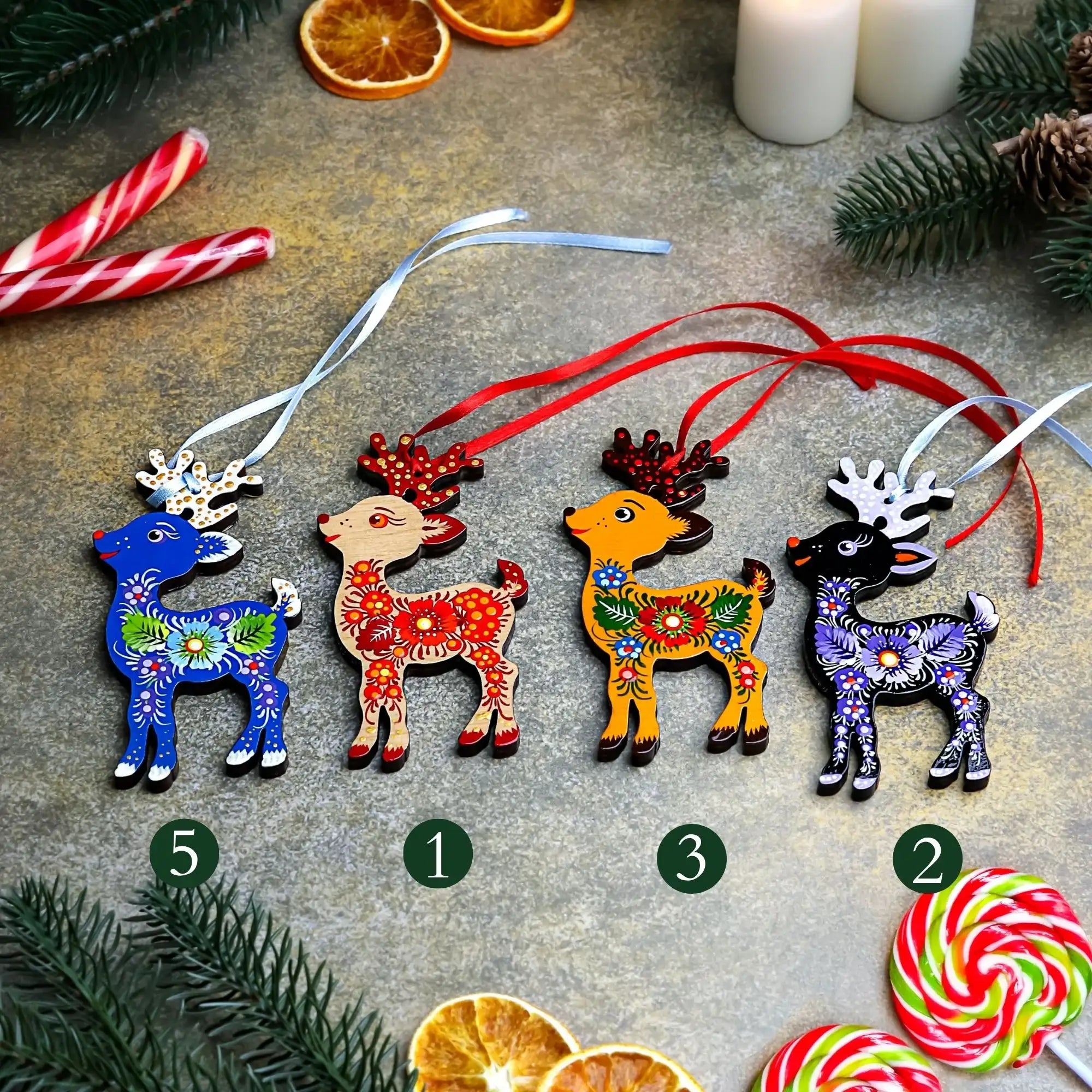 Hand-painted Wooden Deer Christmas Ornament with Petrykivka Art