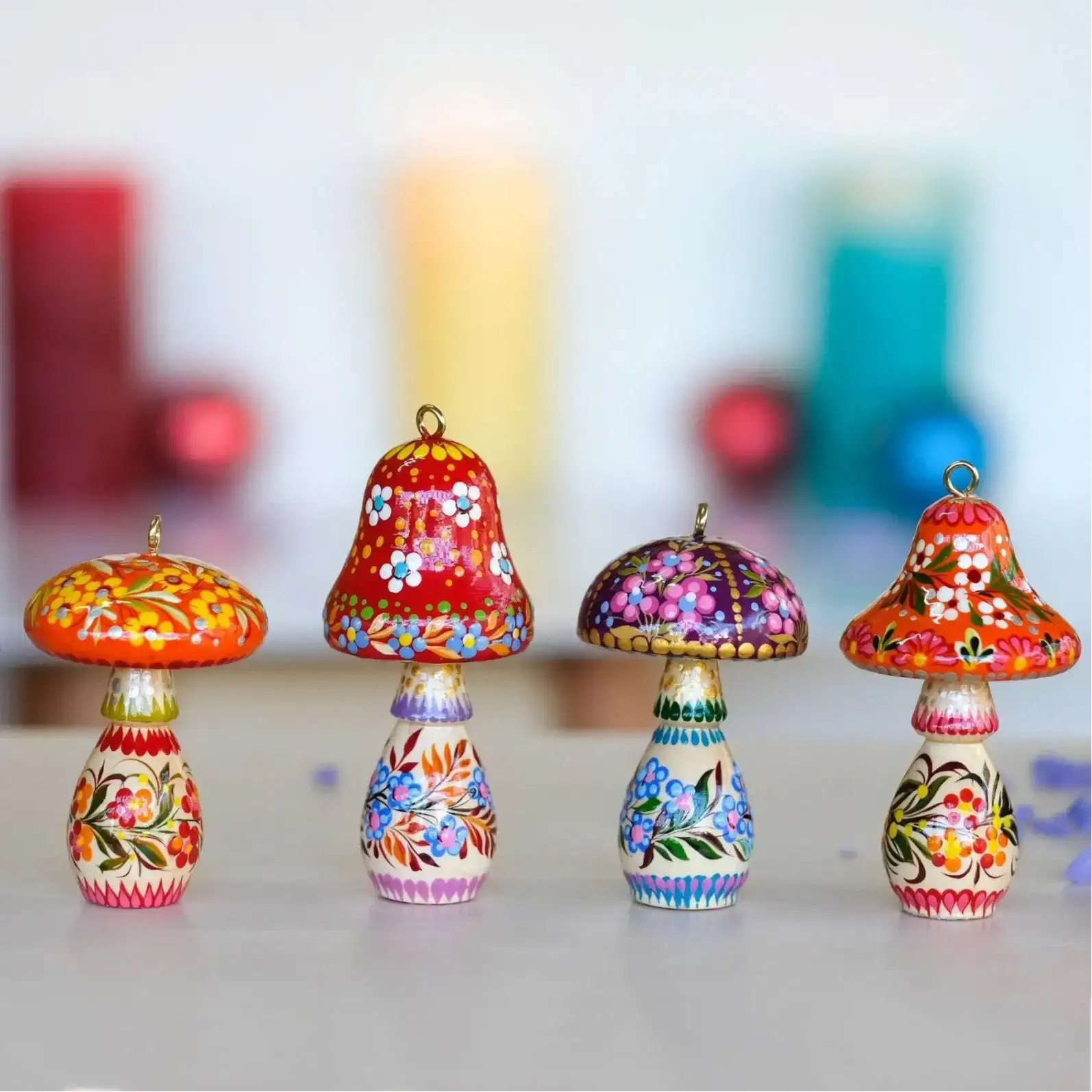 Set of 5 Painted Wooden Mushroom Christmas Ornaments