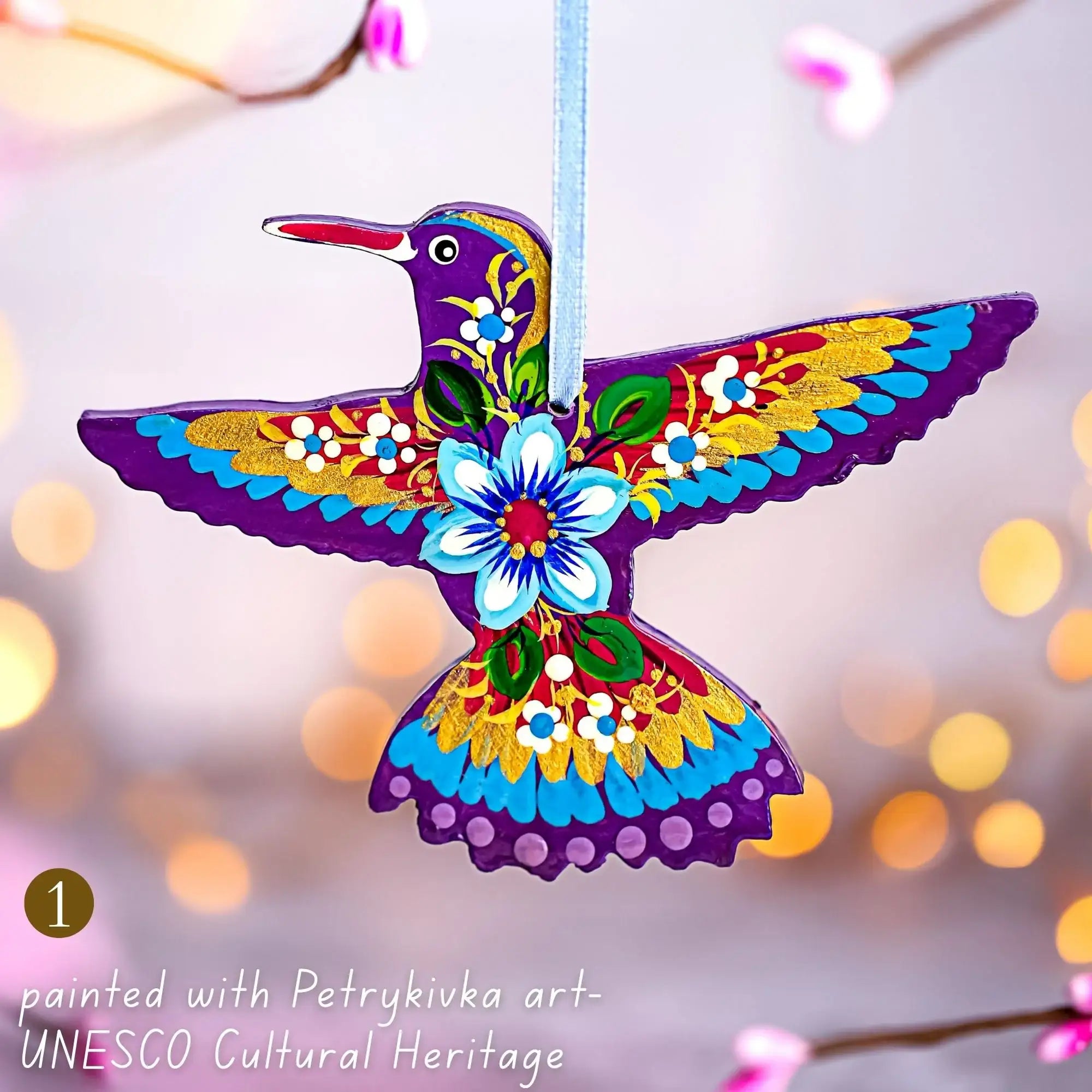 Hand-painted Wooden Hummingbird Christmas Ornament with Petrykivka Art