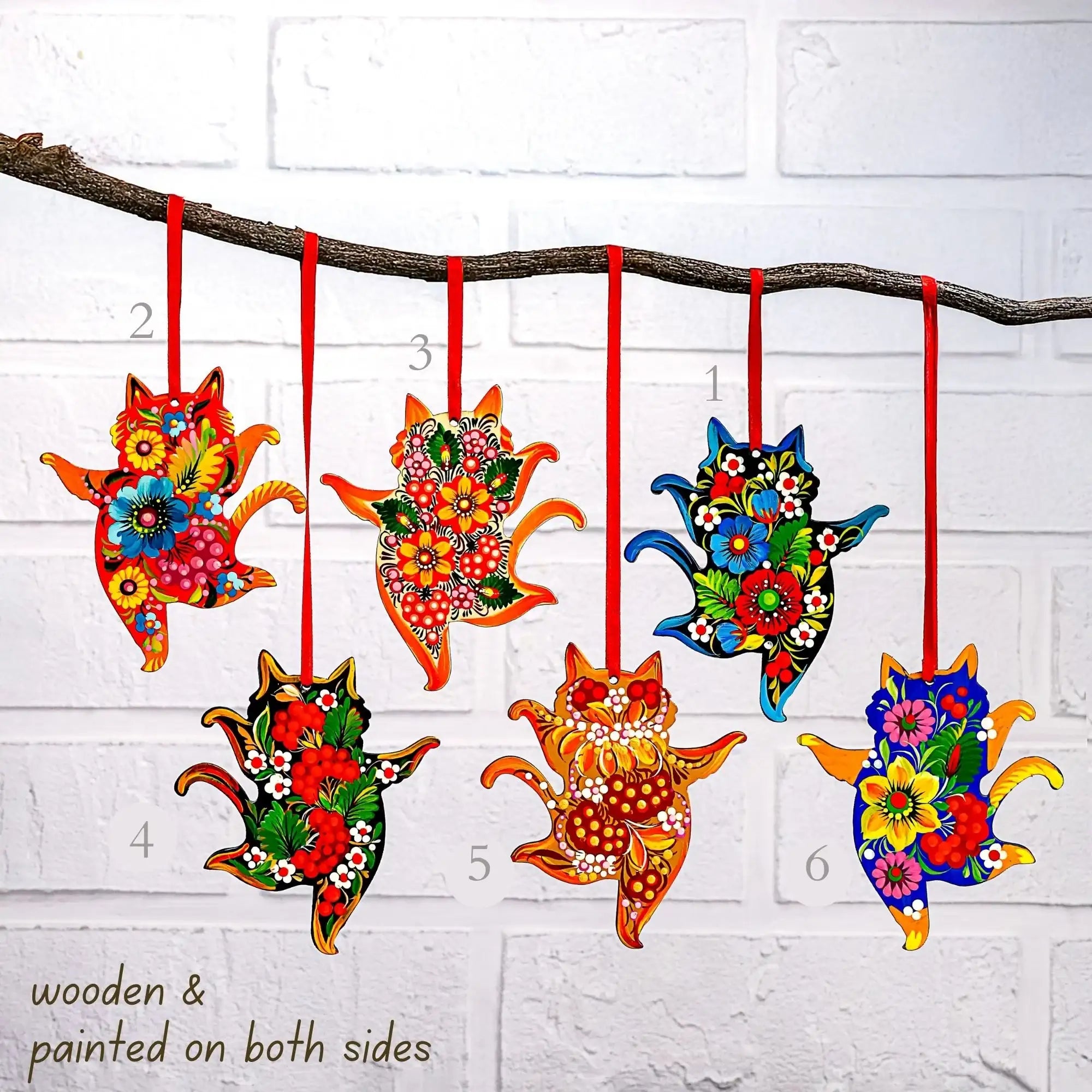 Hand-painted Wooden Dancing Cat Christmas Ornament with Petrykivka Art