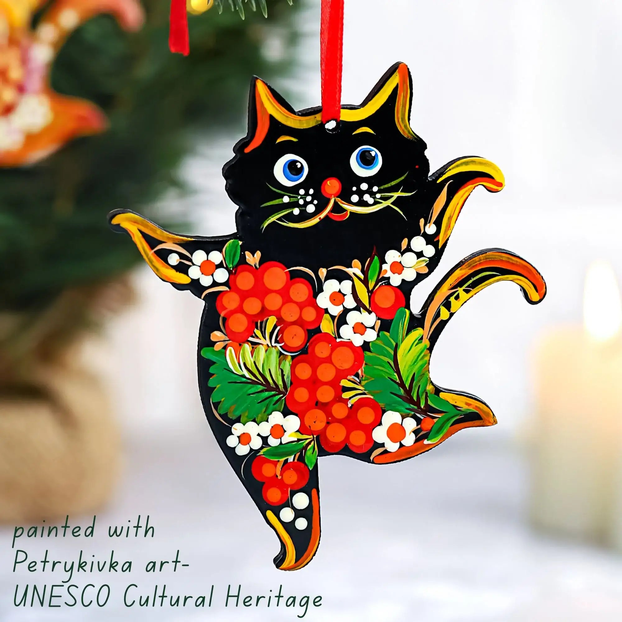 Hand-painted Set of 6 Wooden Dancing Cat Christmas Ornaments with Petrykivka Art