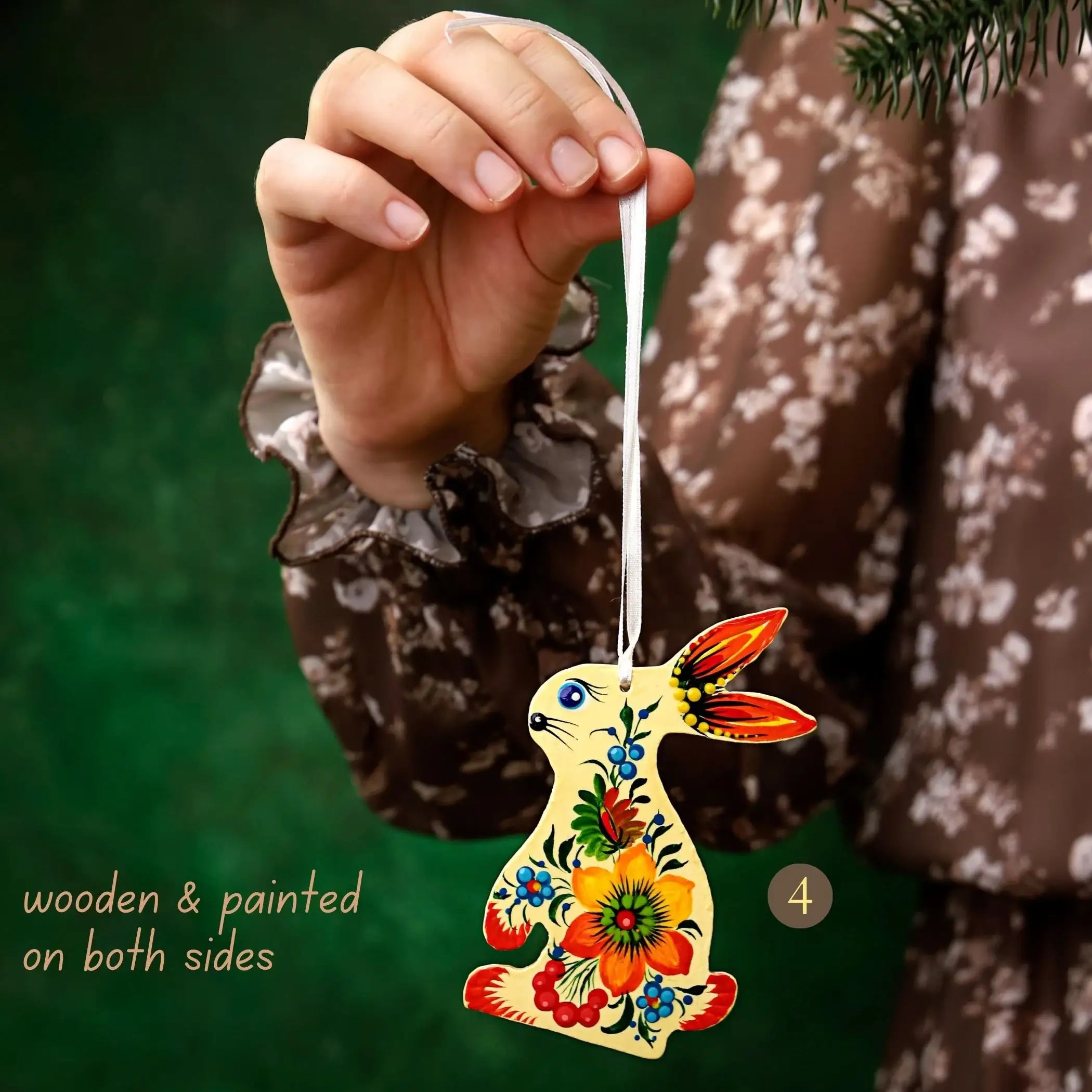 Painted Wooden Bunny Christmas Ornament