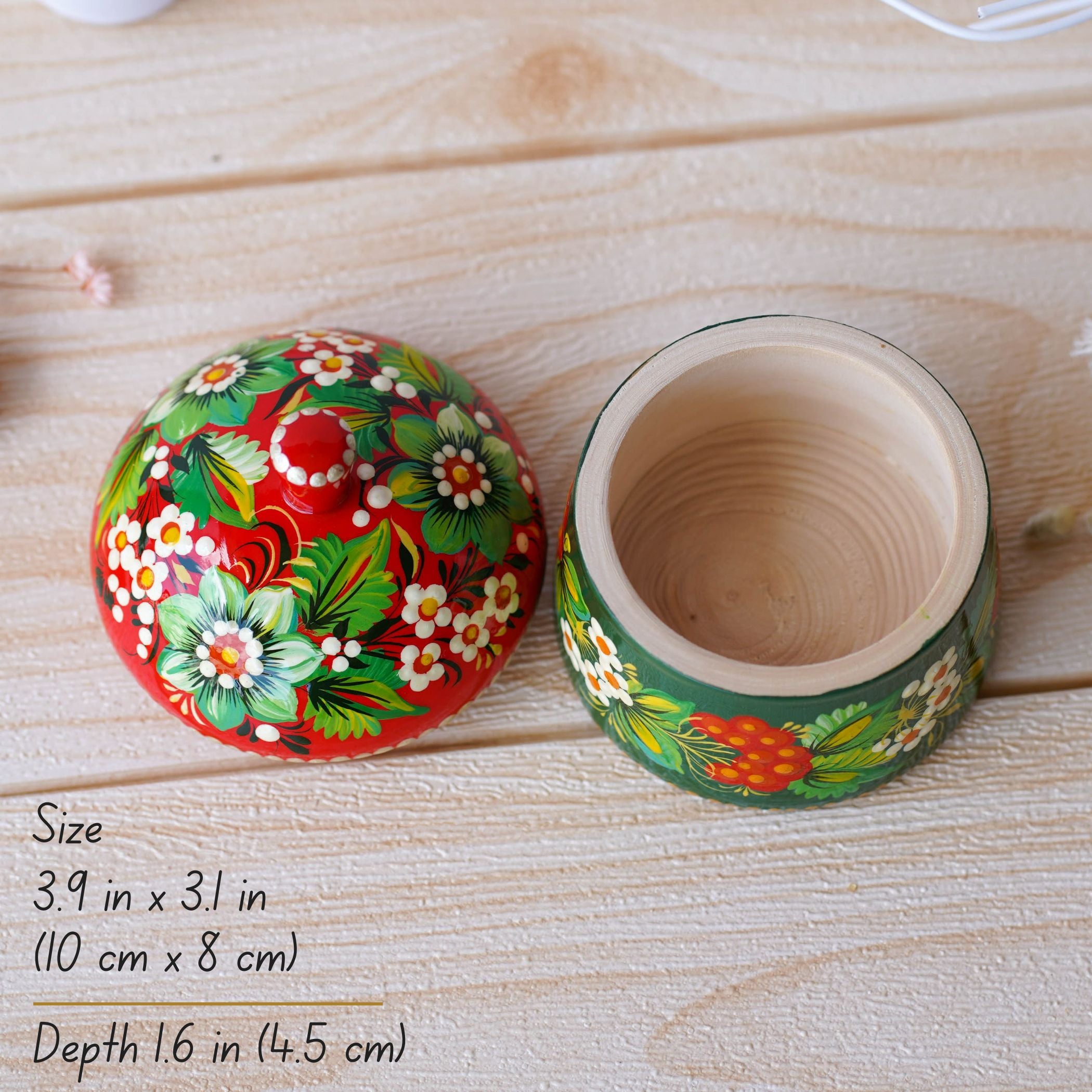 Handmade Painted Wooden Christmas Jewelry Box with Lid 3.9 in - Petrykivka Art, Green & Red Flower Small Keepsake Box