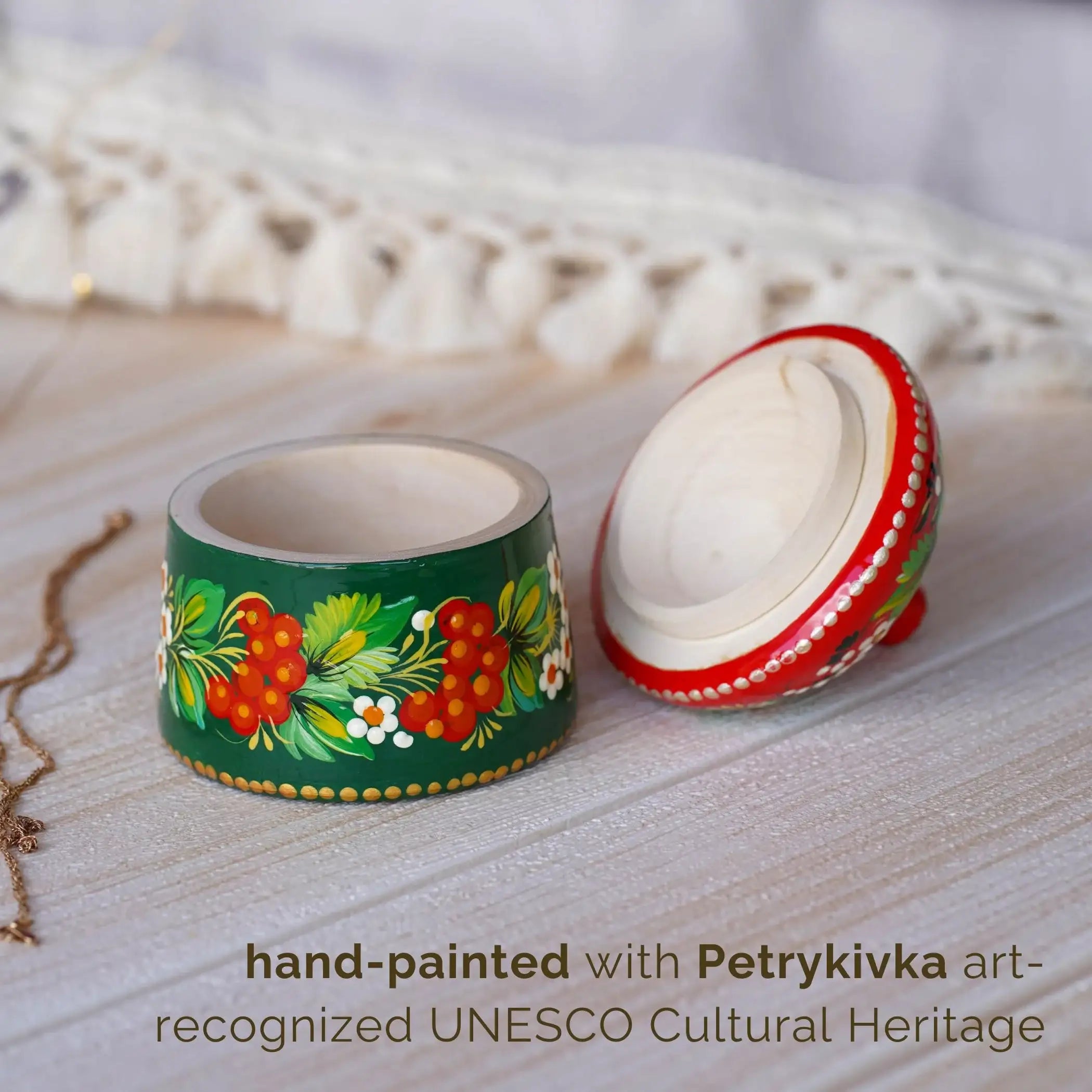 Handmade Painted Wooden Christmas Jewelry Box with Lid 3.9 in - Petrykivka Art, Green & Red Flower Small Keepsake Box