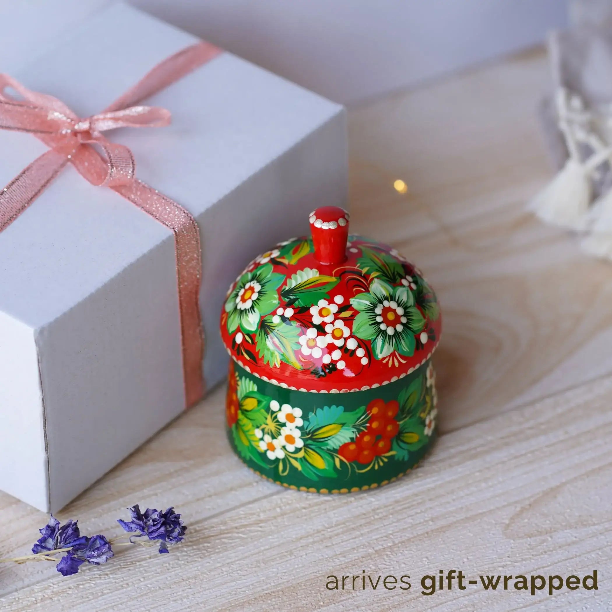 Handmade Painted Wooden Christmas Jewelry Box with Lid 3.9 in - Petrykivka Art, Green & Red Flower Small Keepsake Box