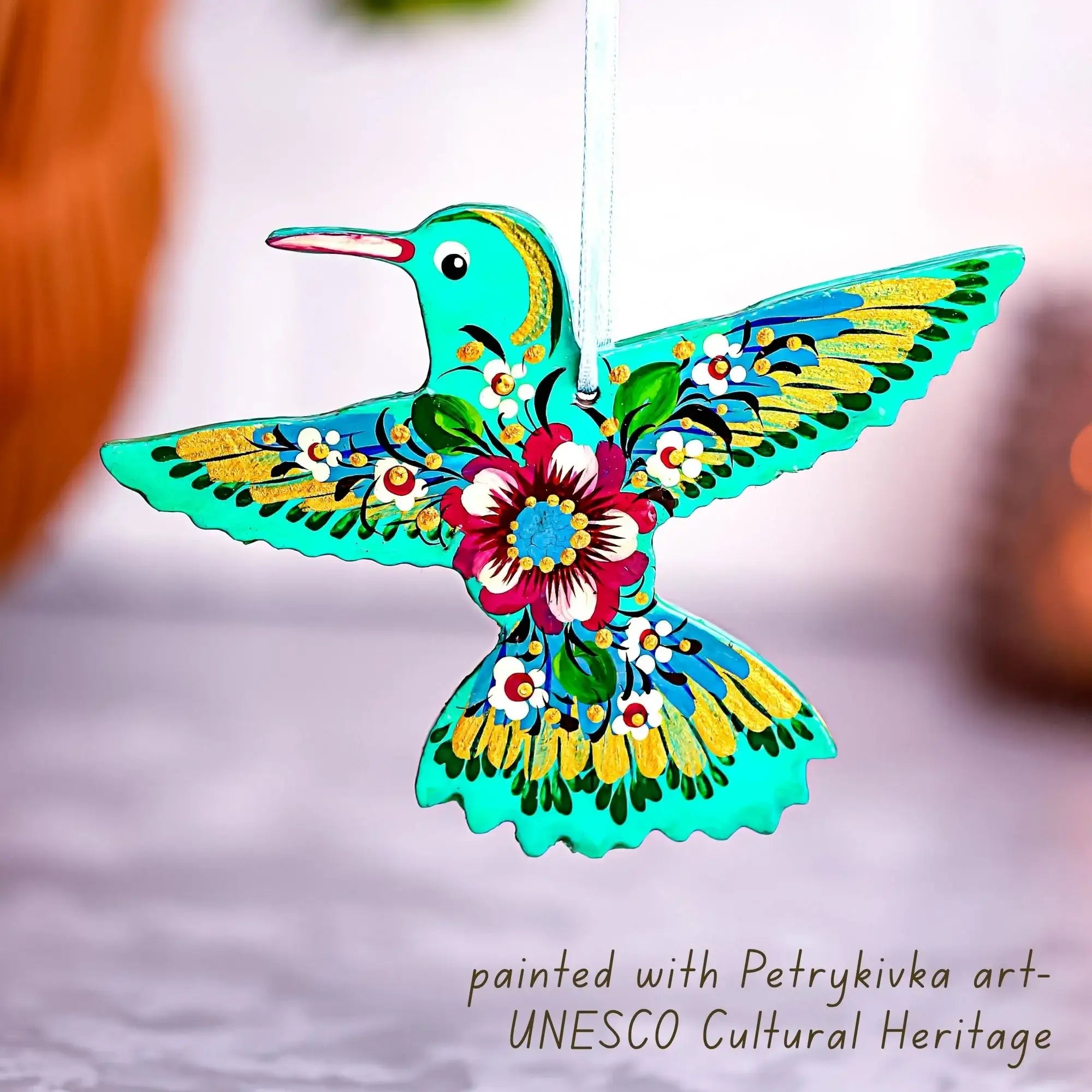 Set of 4 Hand-painted Wooden Hummingbird Christmas Ornaments with Petrykivka Art
