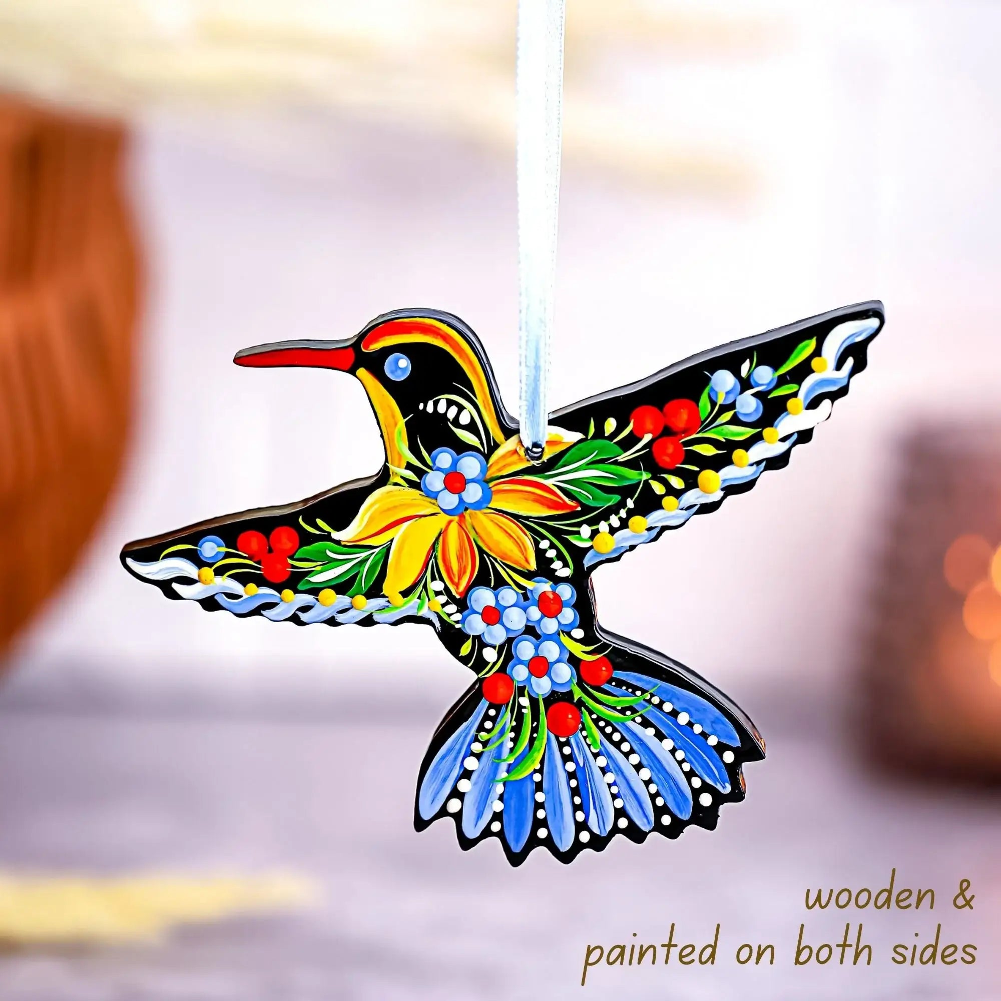 Set of 4 Hand-painted Wooden Hummingbird Christmas Ornaments with Petrykivka Art
