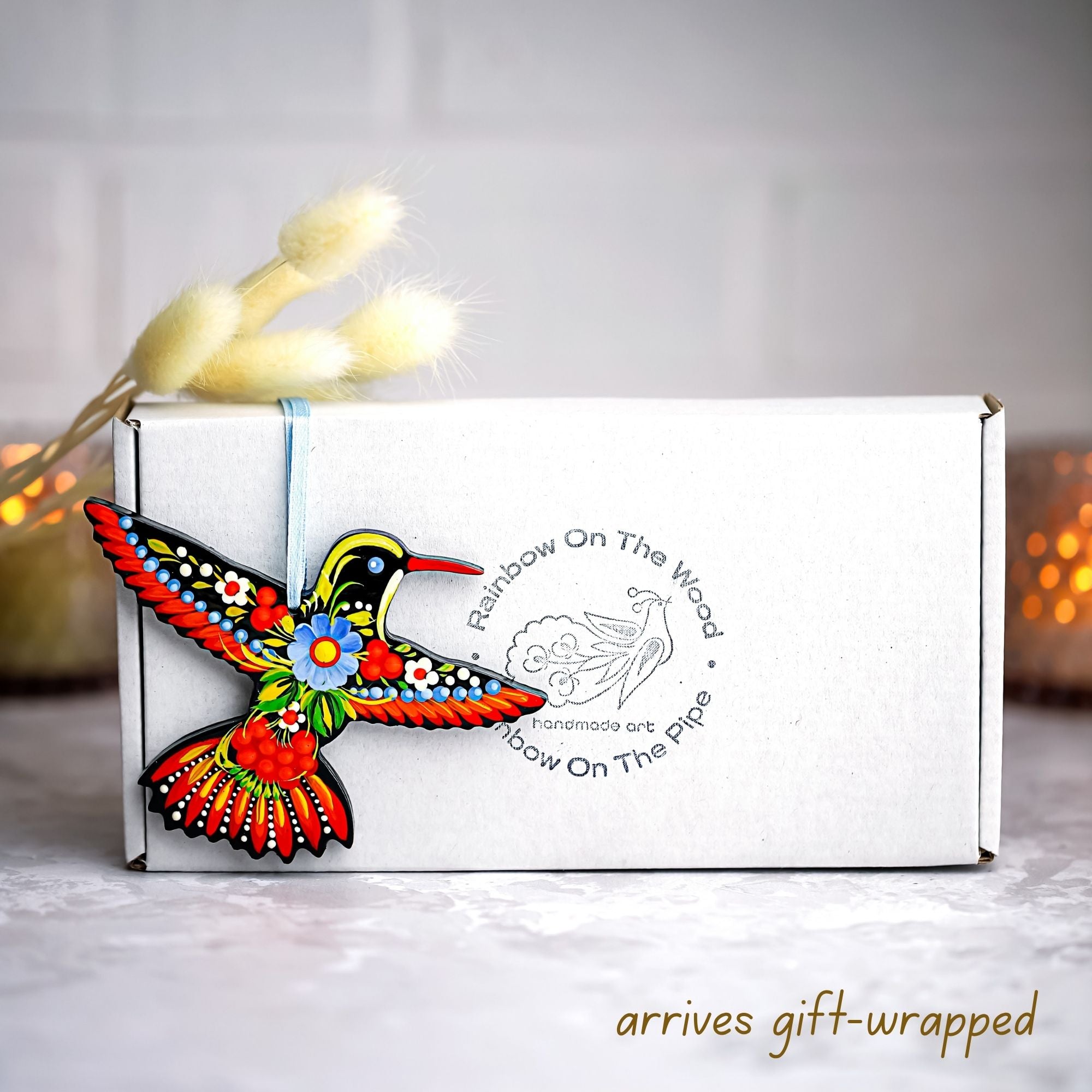 Hand-painted Wooden Hummingbird Christmas Ornament with Petrykivka Art