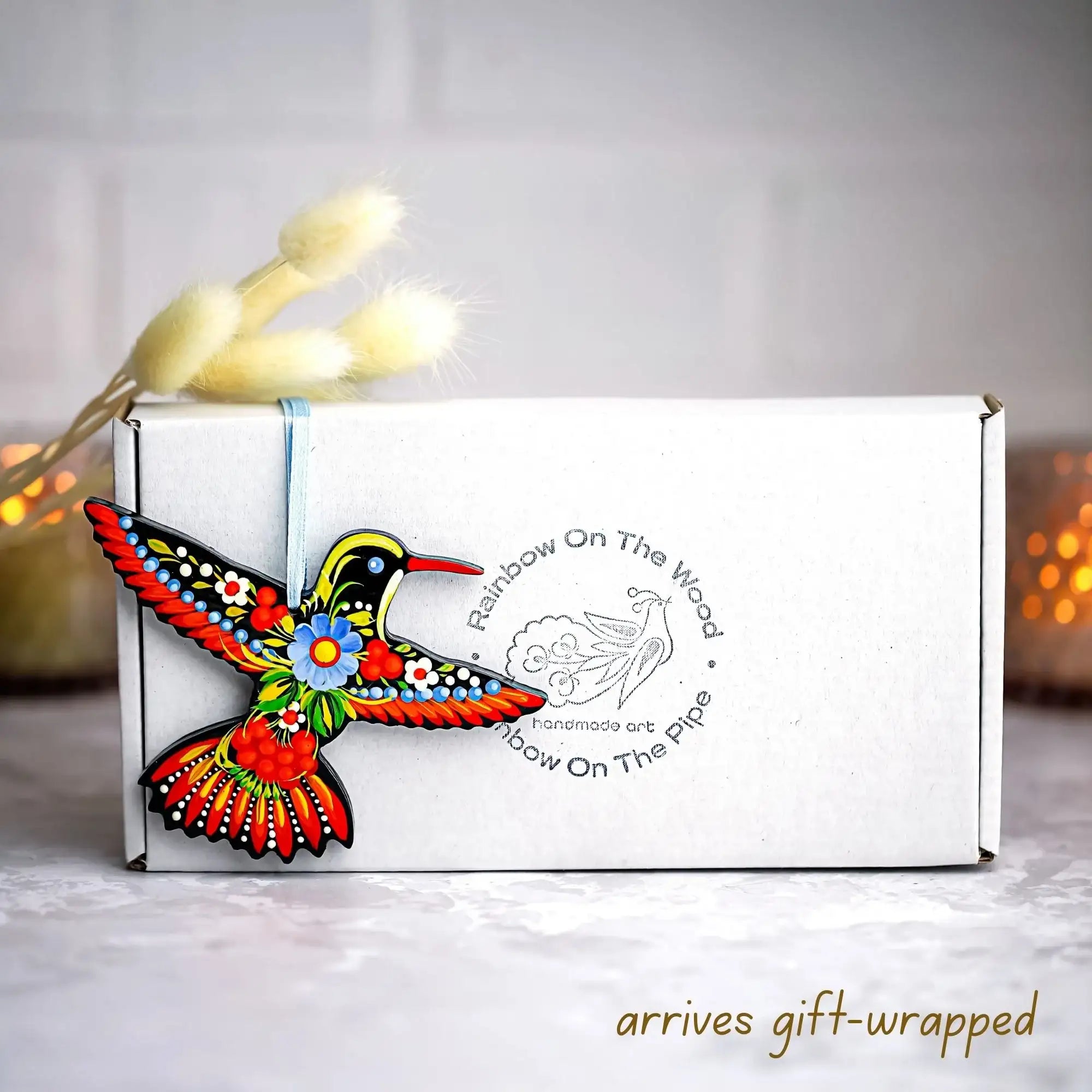 Set of 4 Hand-painted Wooden Hummingbird Christmas Ornaments with Petrykivka Art