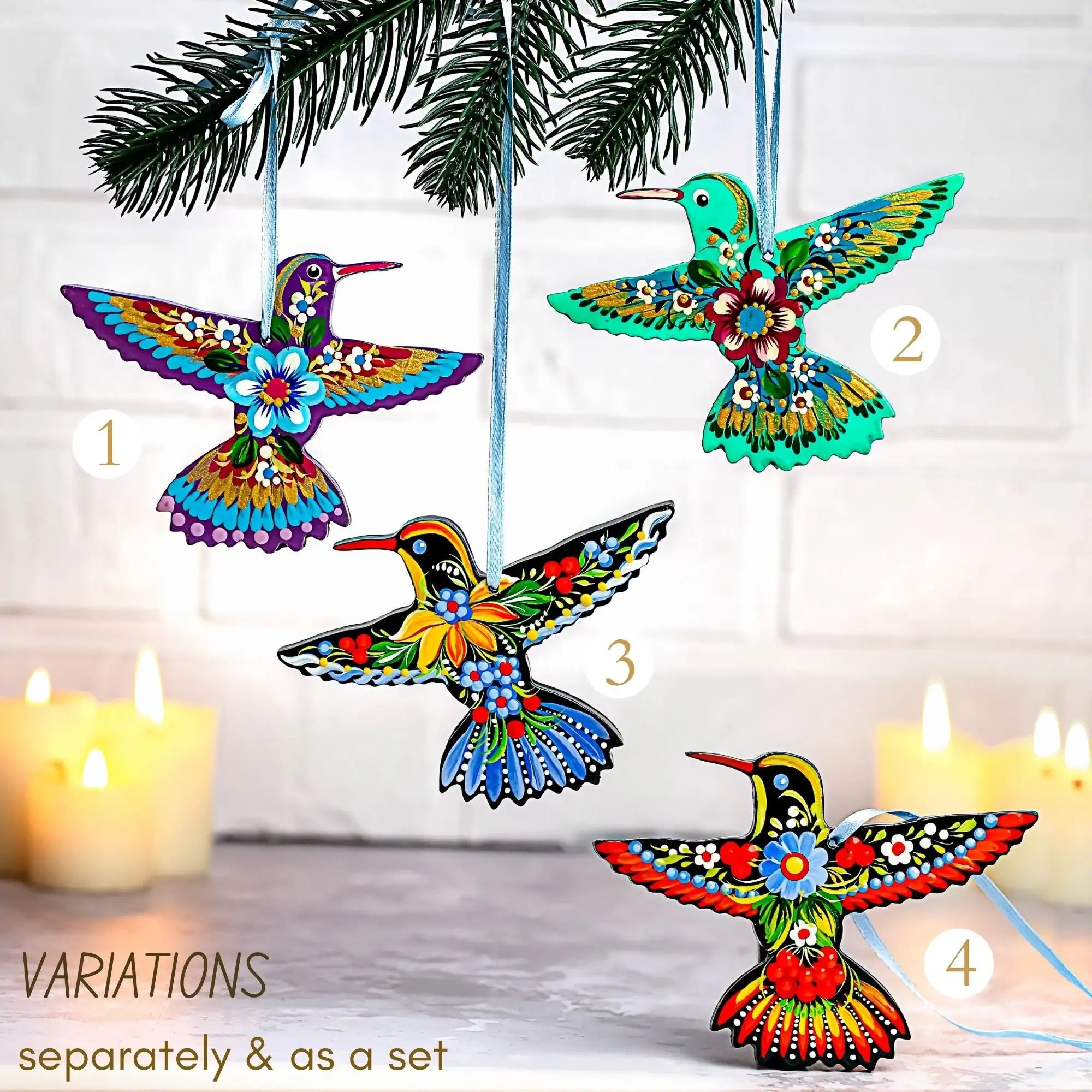 Hand-painted Wooden Hummingbird Christmas Ornament with Petrykivka Art