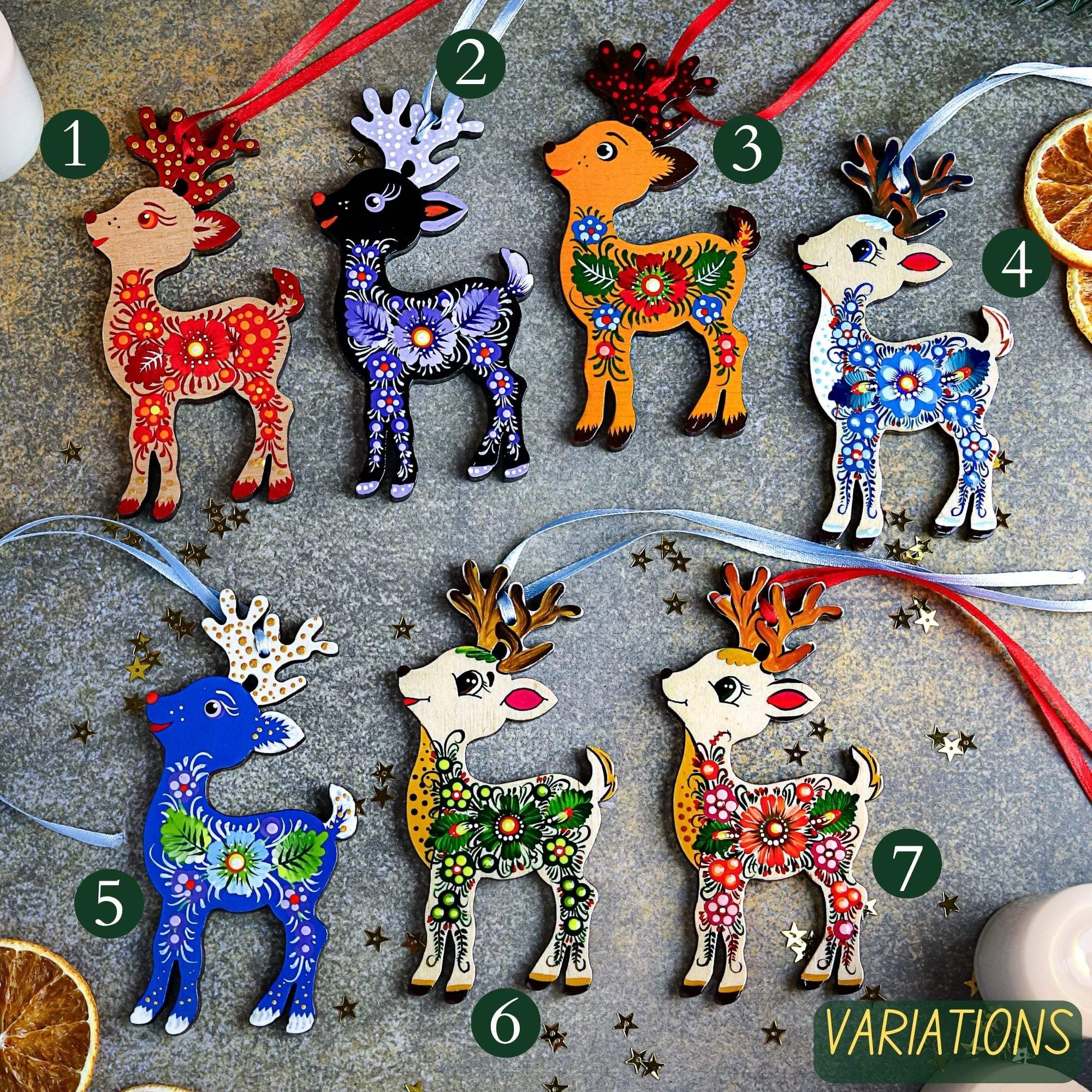 Hand-painted Wooden Deer Christmas Ornament with Petrykivka Art