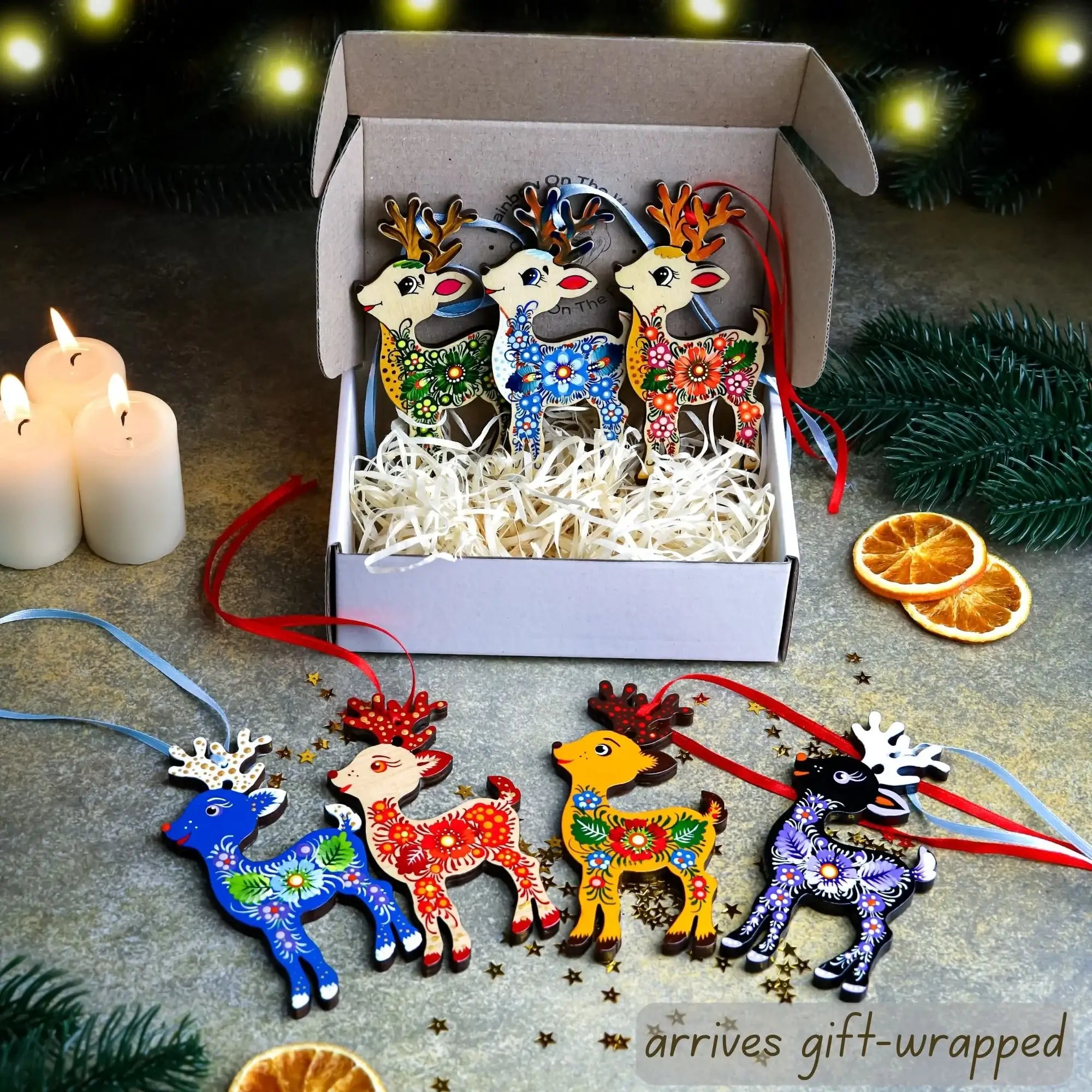 Set of 7 Hand-painted Wooden Deer Christmas Ornaments with Petrykivka Art