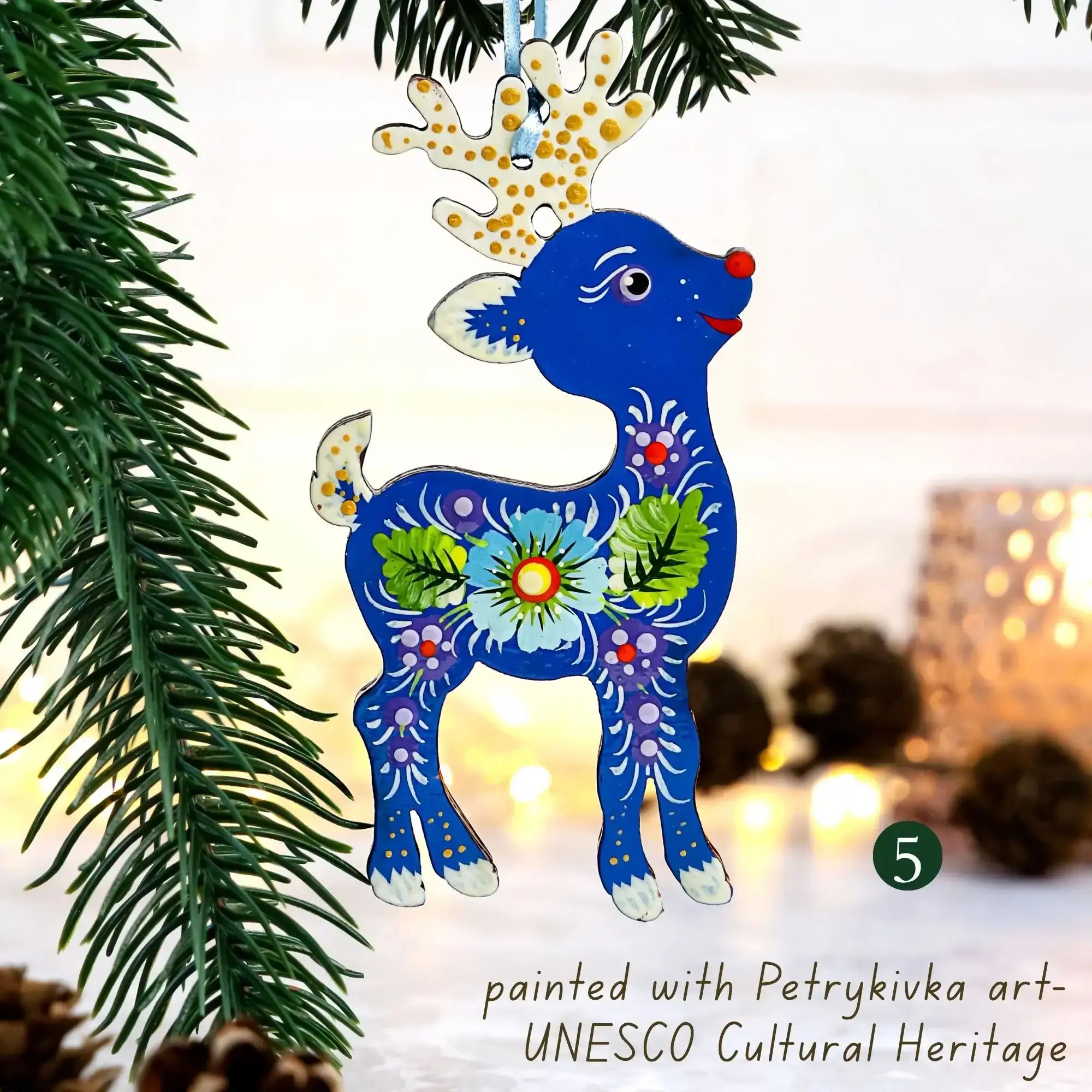 Hand-painted Wooden Deer Christmas Ornament with Petrykivka Art
