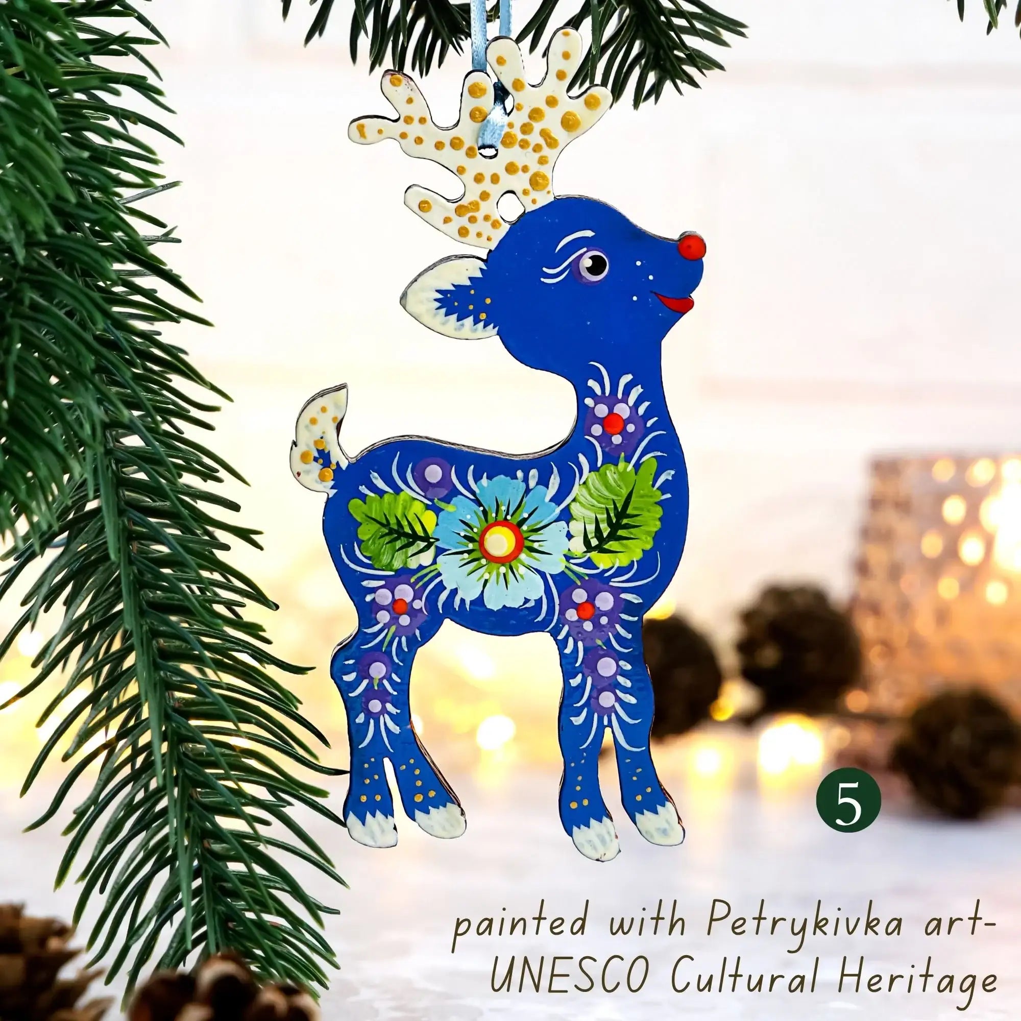 Hand-painted Wooden Deer Christmas Ornament with Petrykivka Art