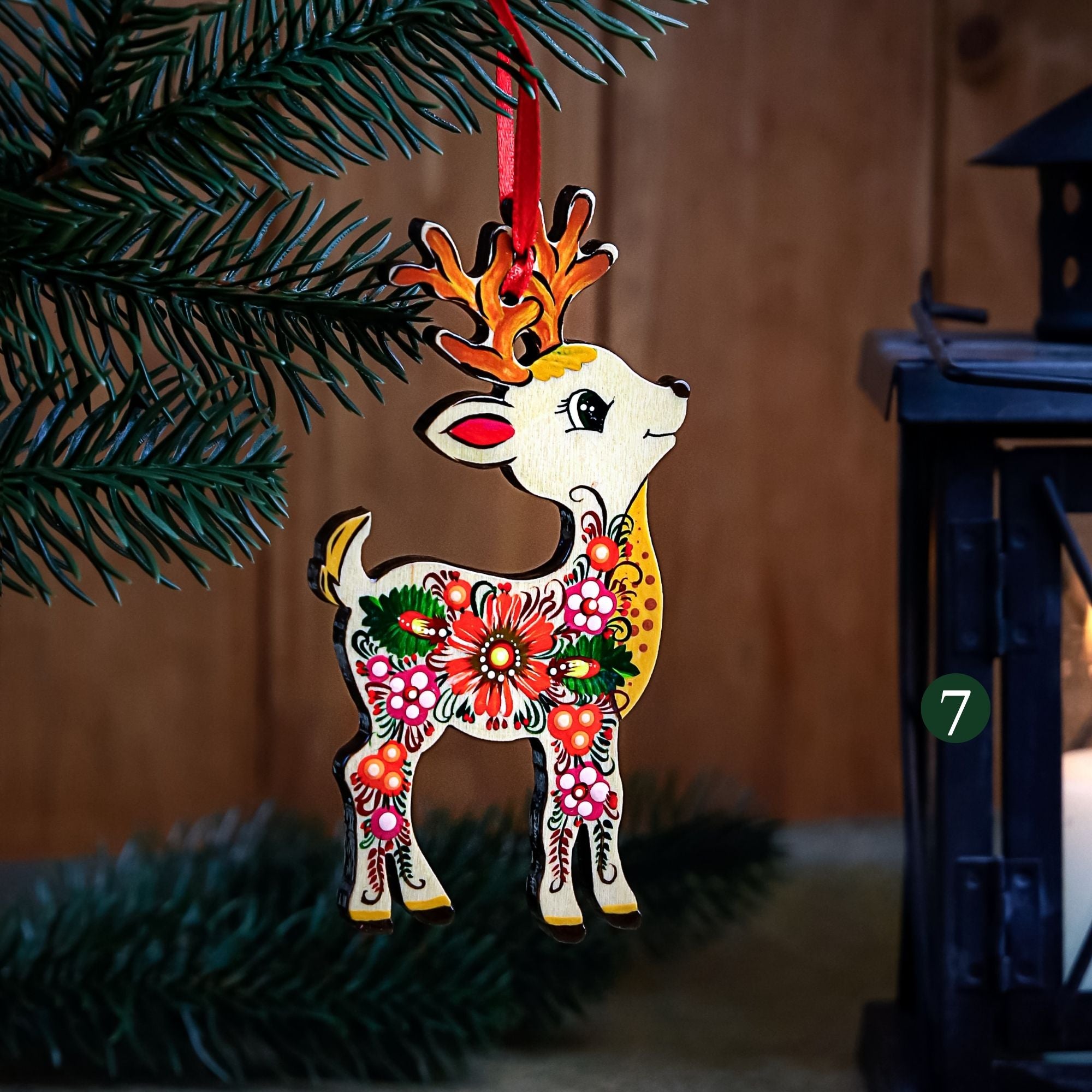 Hand-painted Wooden Deer Christmas Ornament with Petrykivka Art