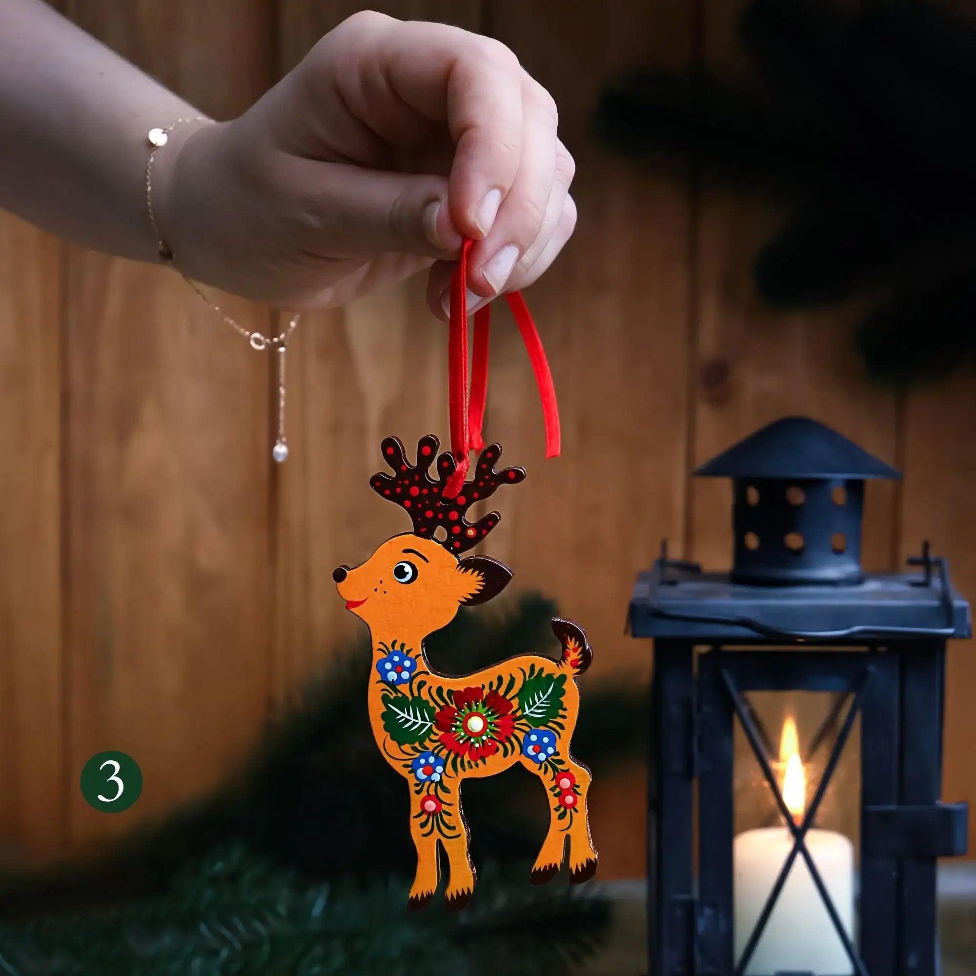 Hand-painted Wooden Deer Christmas Ornament with Petrykivka Art