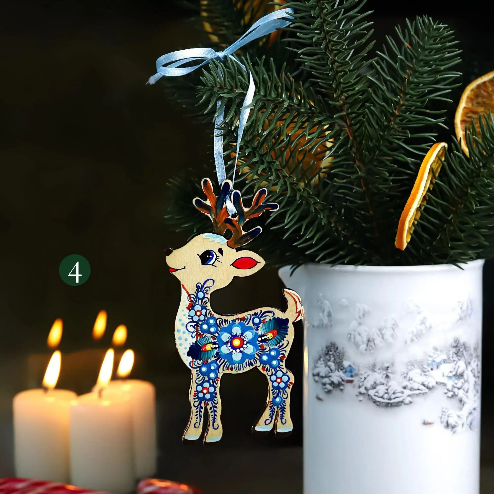 Hand-painted Wooden Deer Christmas Ornament with Petrykivka Art