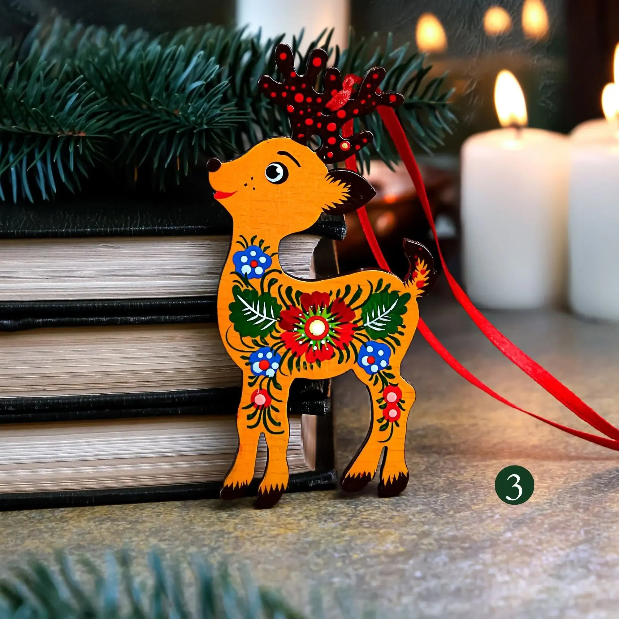Hand-painted Wooden Deer Christmas Ornament with Petrykivka Art