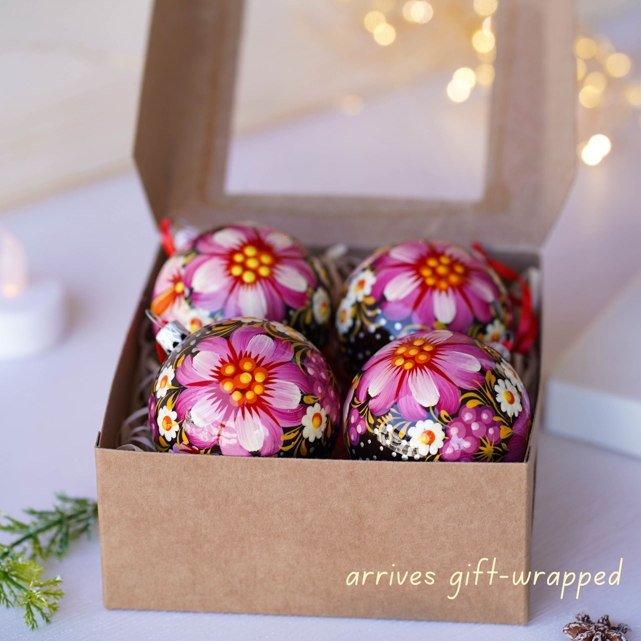 Christmas Ornament Set, Hand-painted Ukrainian Christmas Ball Ornaments 2.4 in with Petrykivka art, Unique Pink Flower Tree Decorations Set