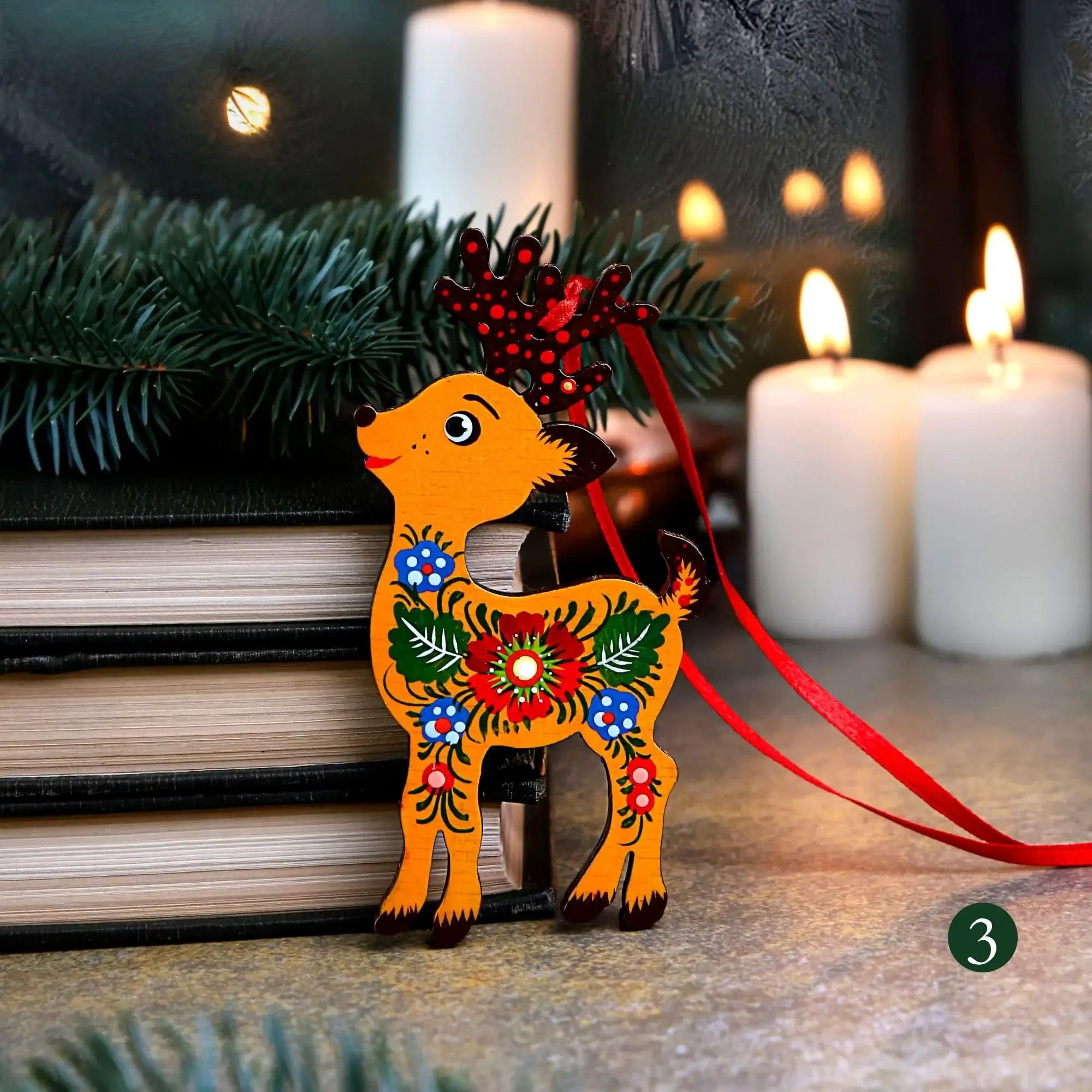 Hand-painted Wooden Deer Christmas Ornament with Petrykivka Art