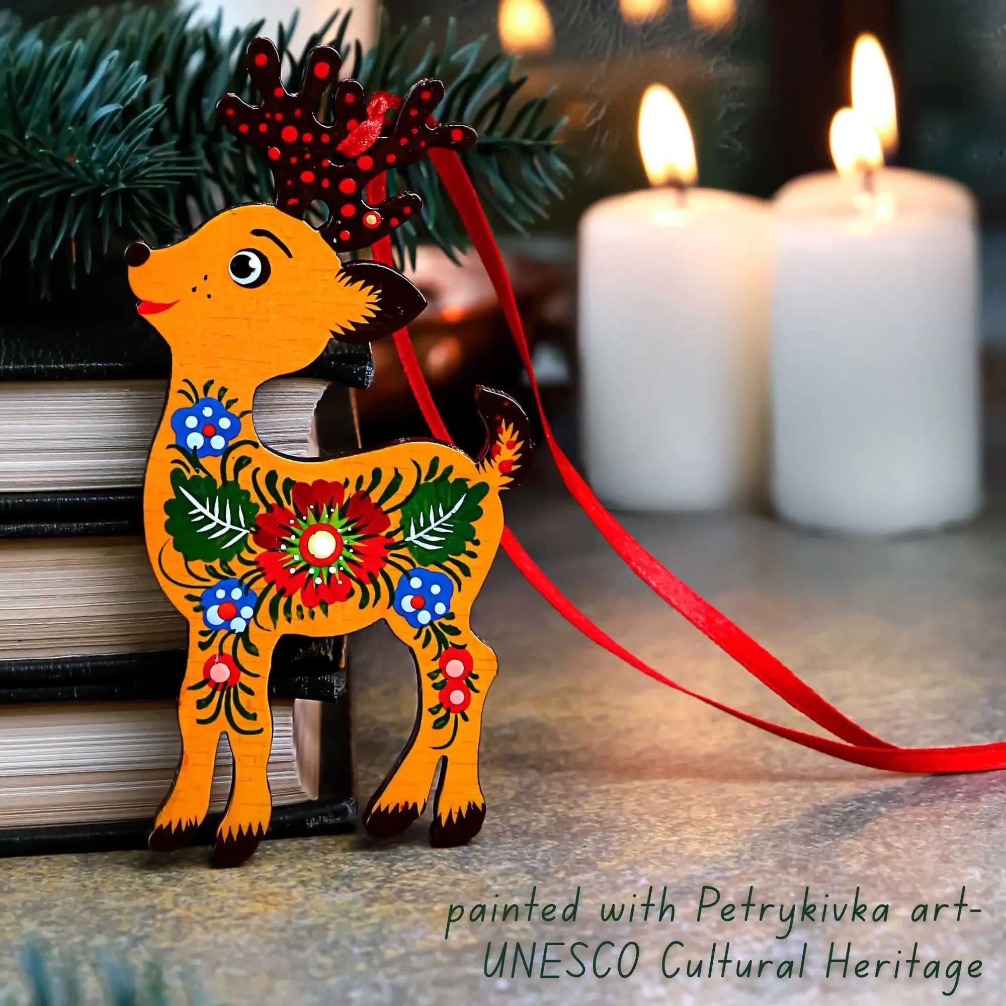 Set of 7 Hand-painted Wooden Deer Christmas Ornaments with Petrykivka Art