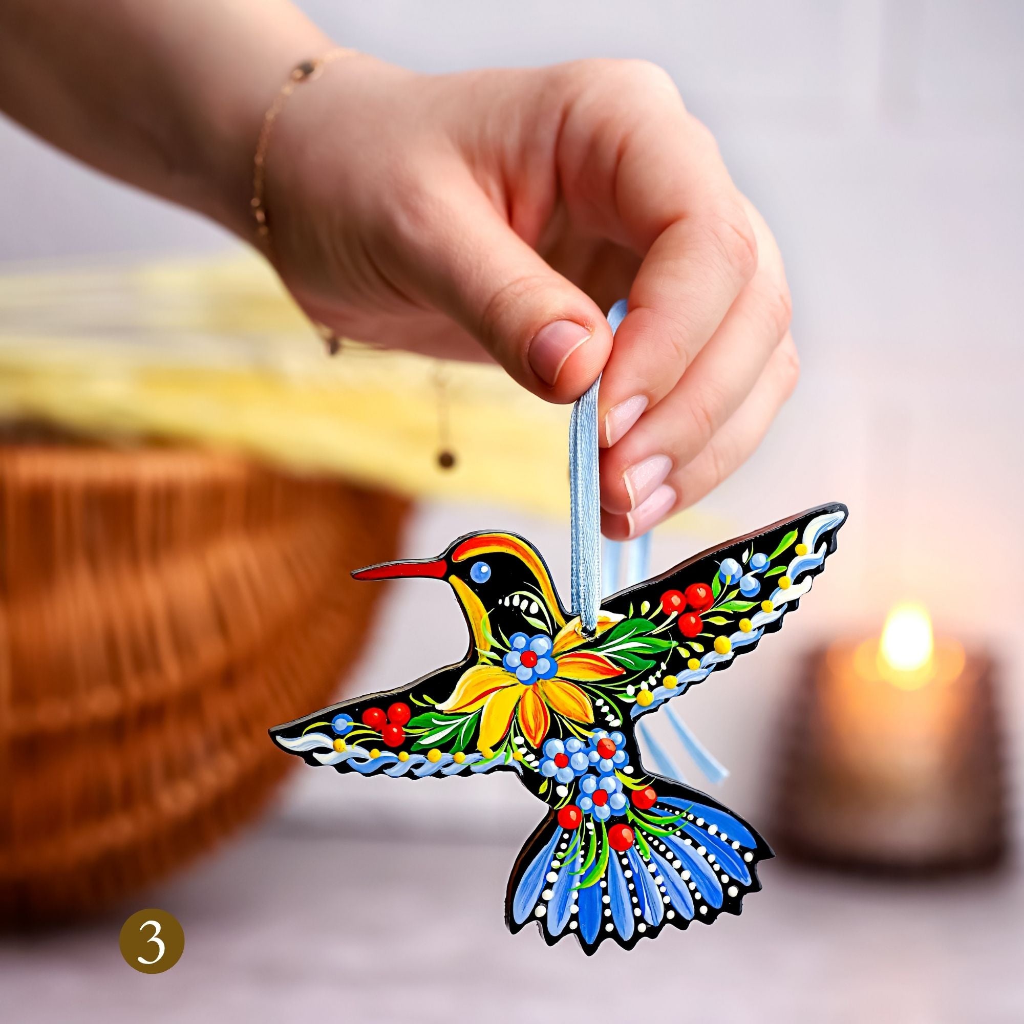 Hand-painted Wooden Hummingbird Christmas Ornament with Petrykivka Art