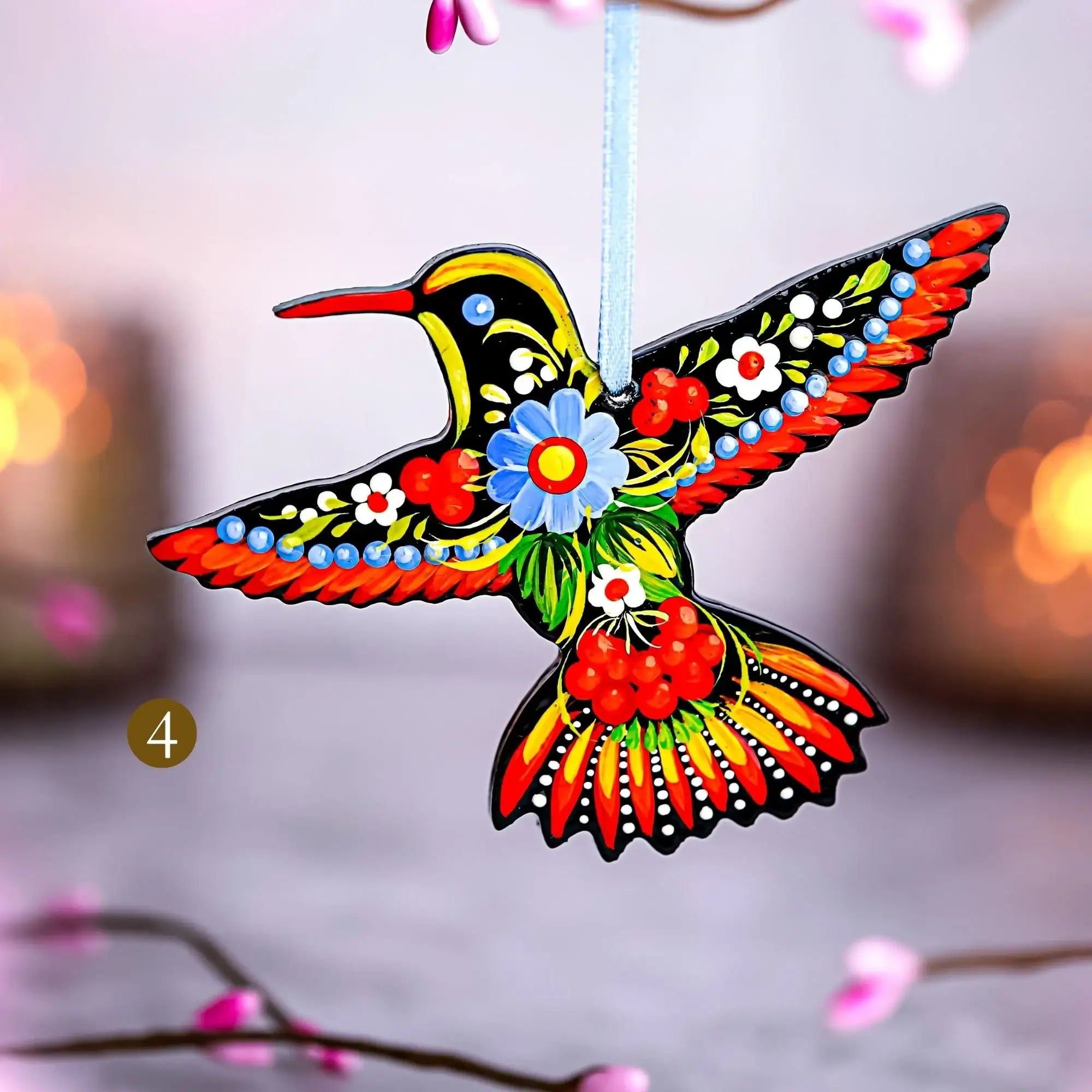 Hand-painted Wooden Hummingbird Christmas Ornament with Petrykivka Art