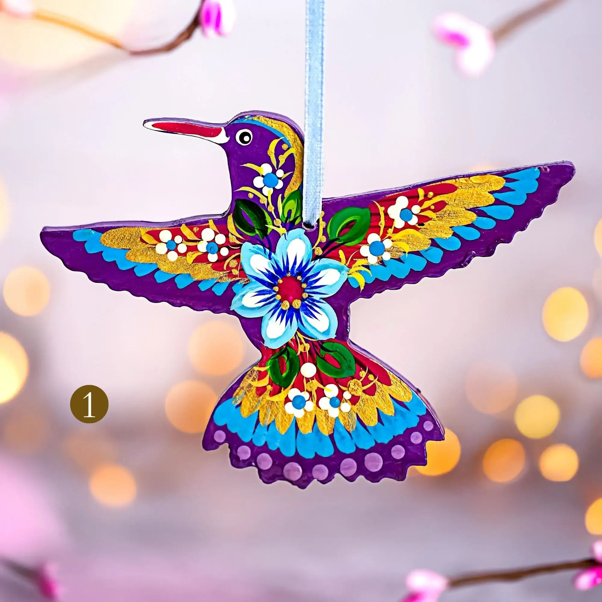 Hand-painted Wooden Hummingbird Christmas Ornament with Petrykivka Art