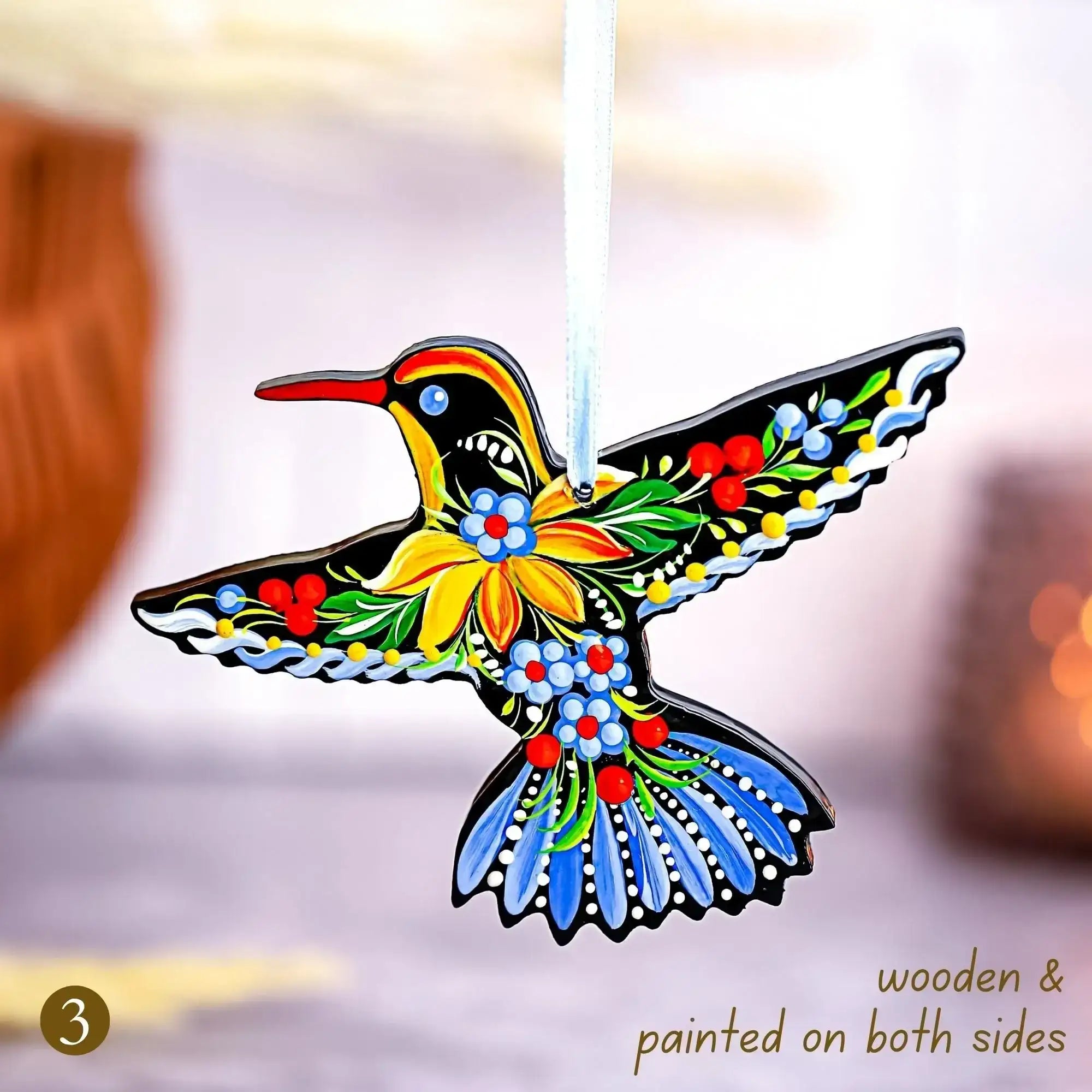 Hand-painted Wooden Hummingbirds Christmas Ornament