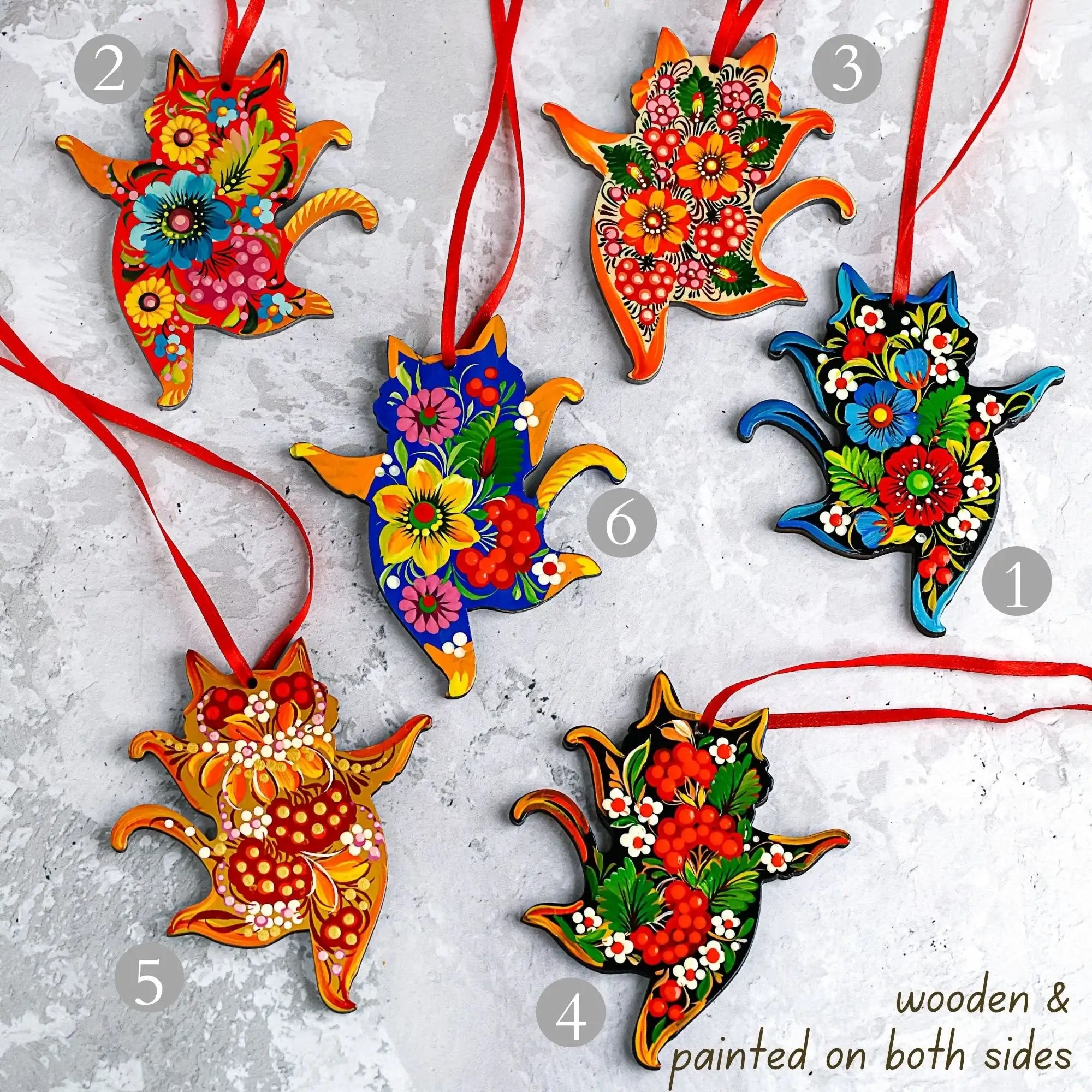Hand-painted Wooden Dancing Cat Christmas Ornament with Petrykivka Art