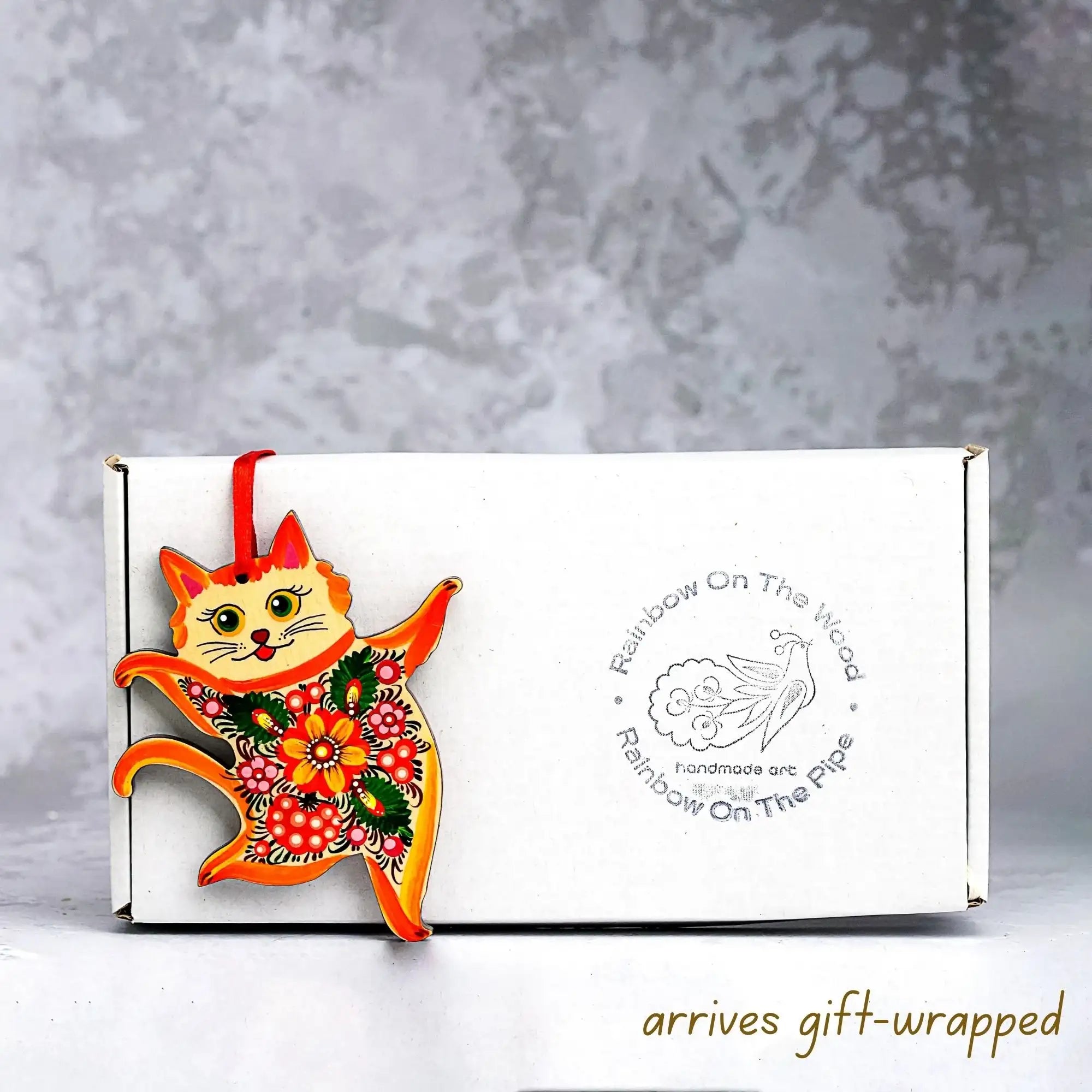 Hand-painted Wooden Dancing Cat Christmas Ornament with Petrykivka Art