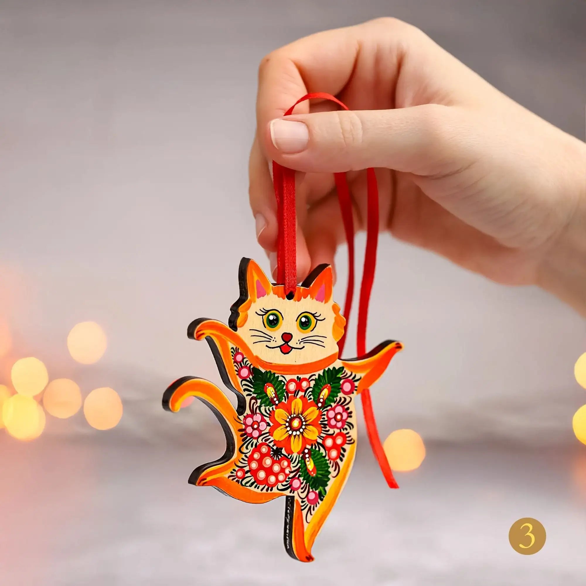 Hand-painted Wooden Dancing Cat Christmas Ornament with Petrykivka Art