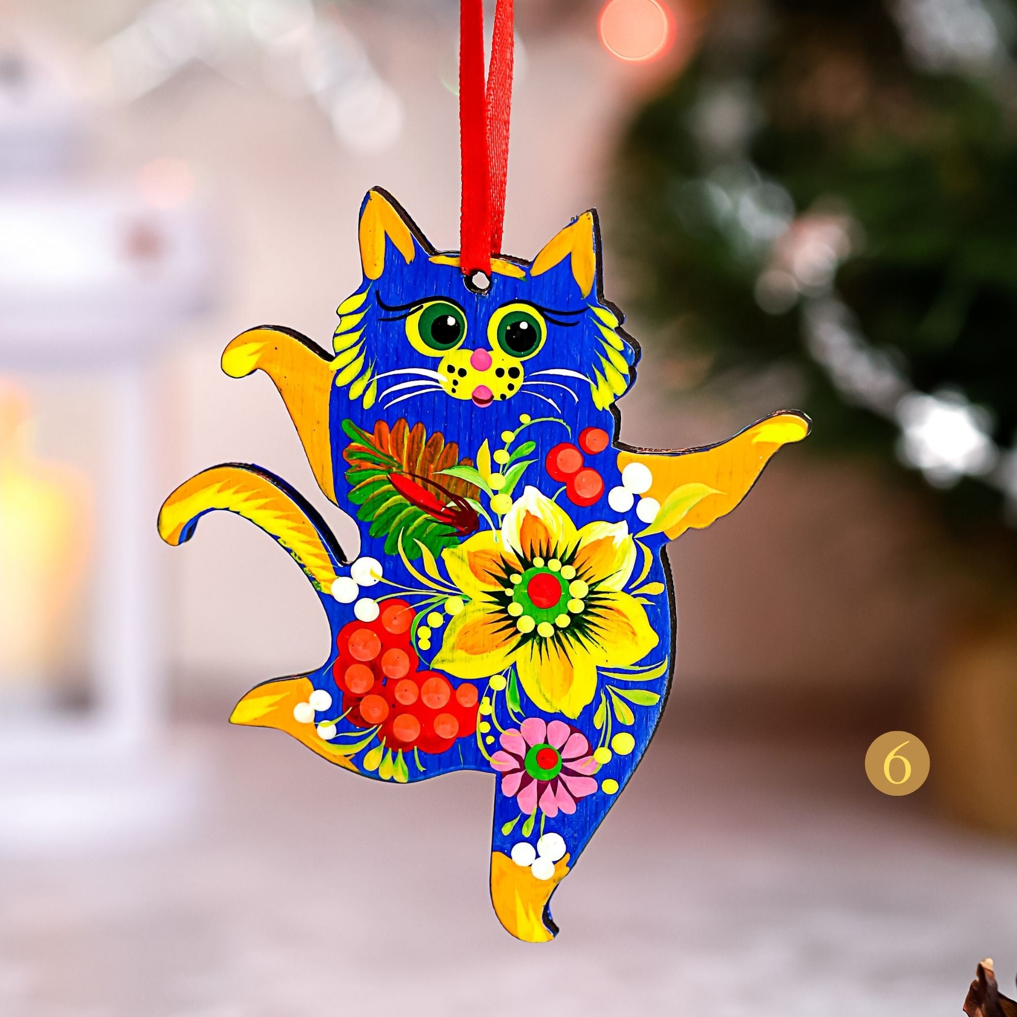 Hand-painted Wooden Dancing Cat Christmas Ornament with Petrykivka Art