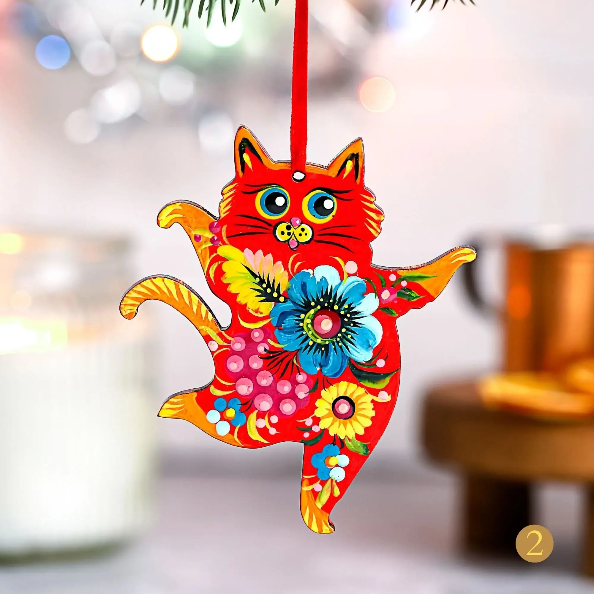 Hand-painted Wooden Dancing Cat Christmas Ornament with Petrykivka Art