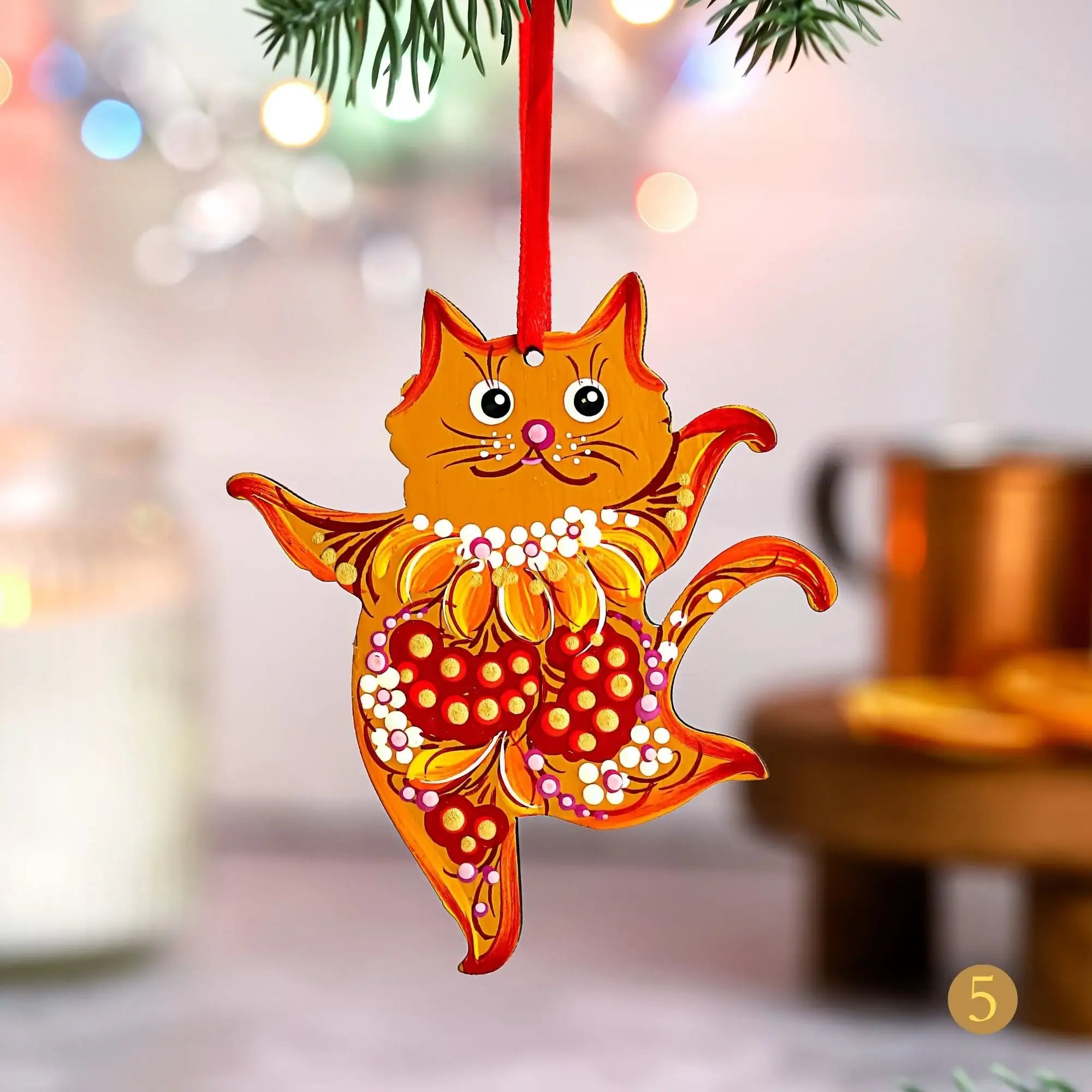 Hand-painted Wooden Dancing Cat Christmas Ornament with Petrykivka Art
