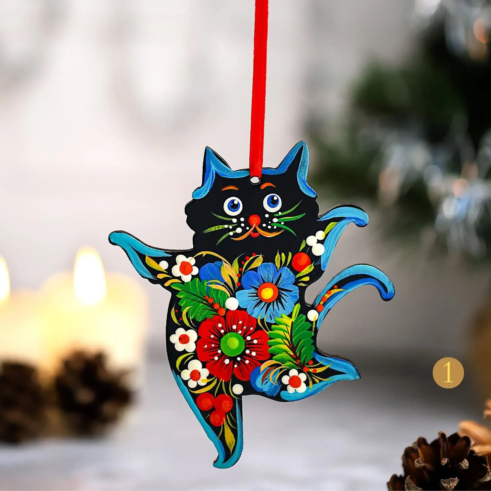 Hand-painted Wooden Dancing Cat Christmas Ornament with Petrykivka Art