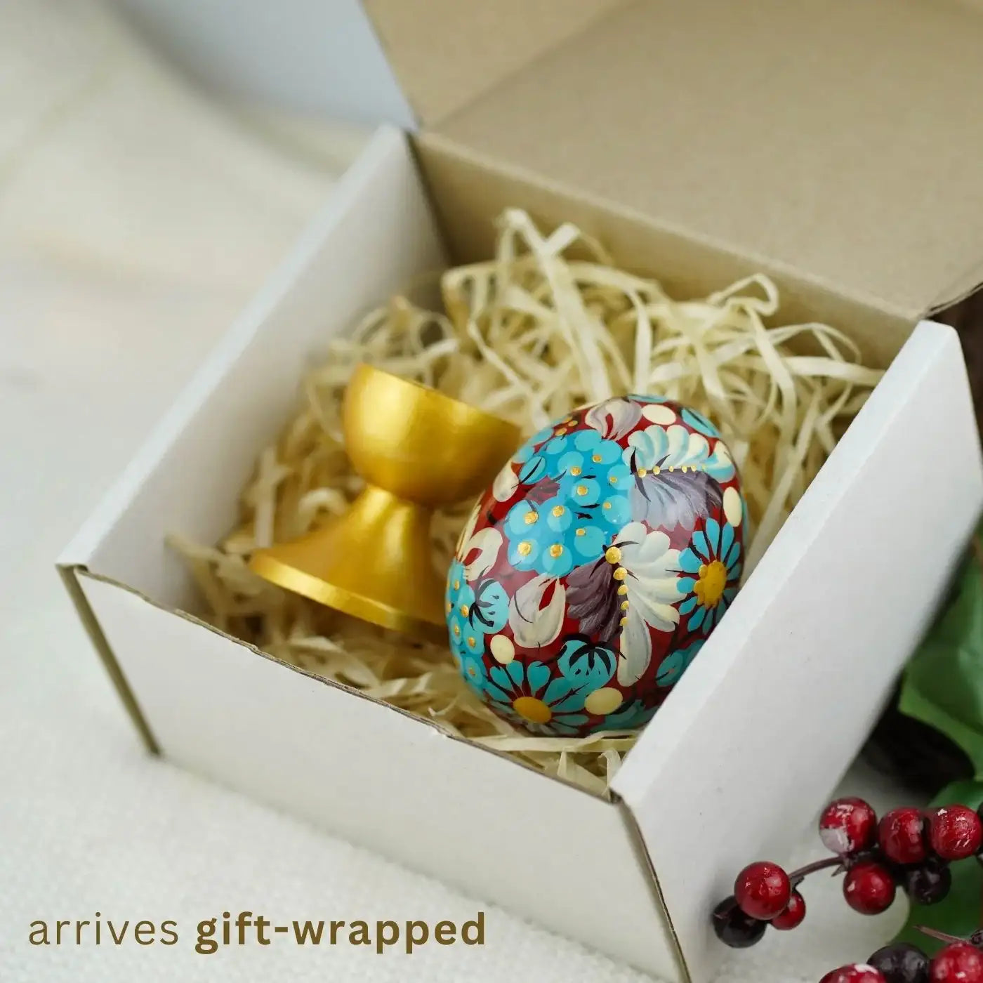 Hand-painted Wooden Burgundy and Blue Flower Easter Egg