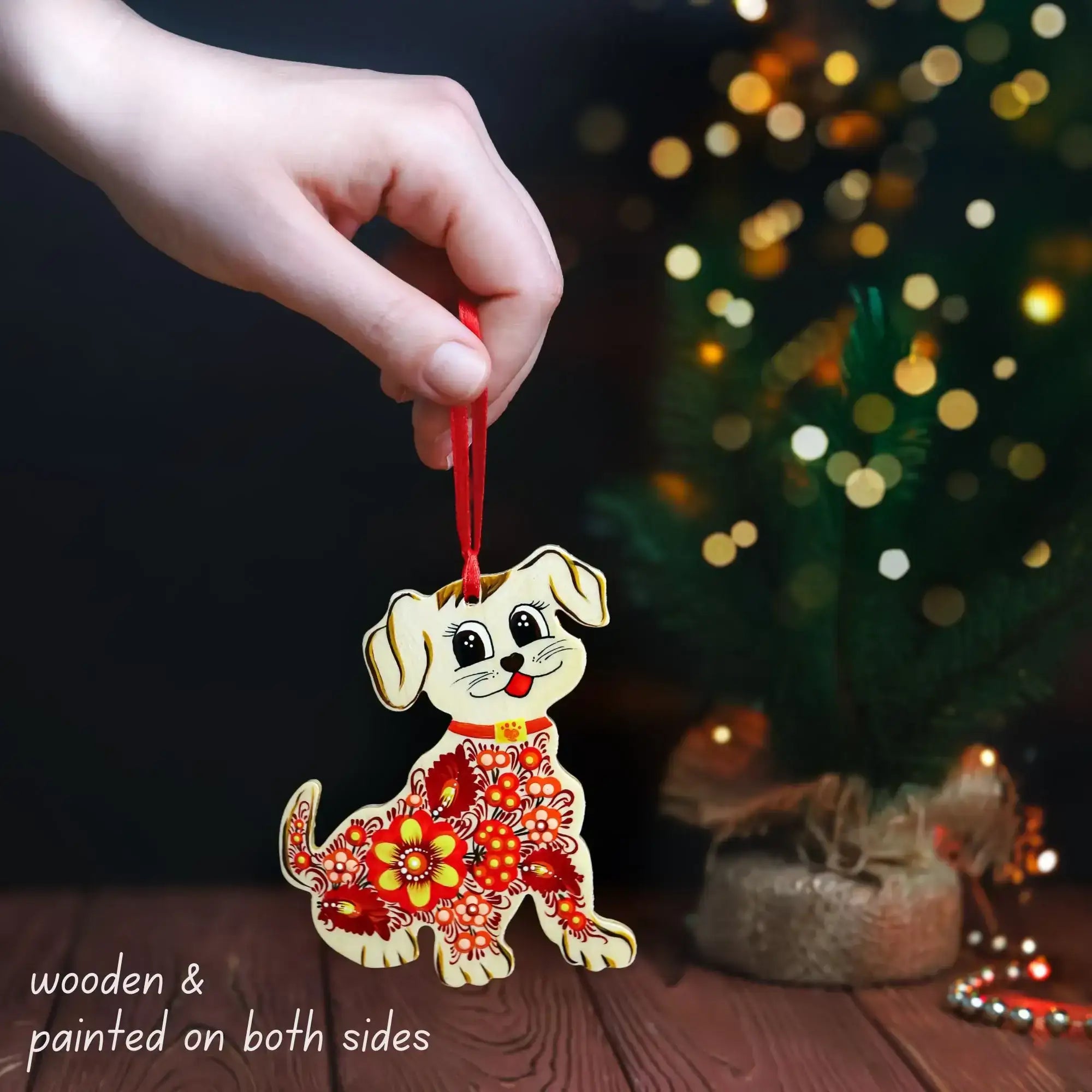 Set of 2 Personalized Painted Wooden Dog Christmas Ornaments