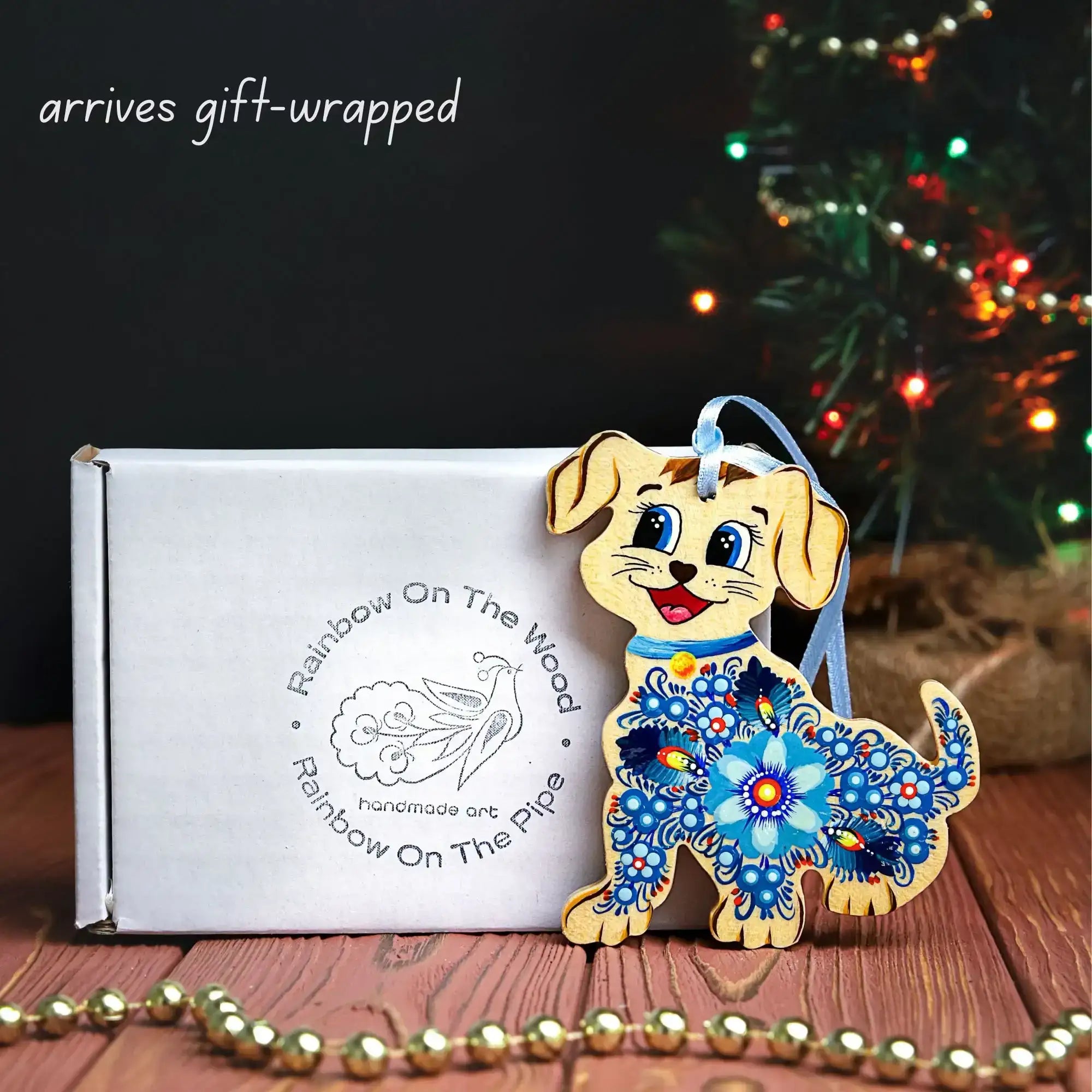 Set of 2 Personalized Painted Wooden Dog Christmas Ornaments