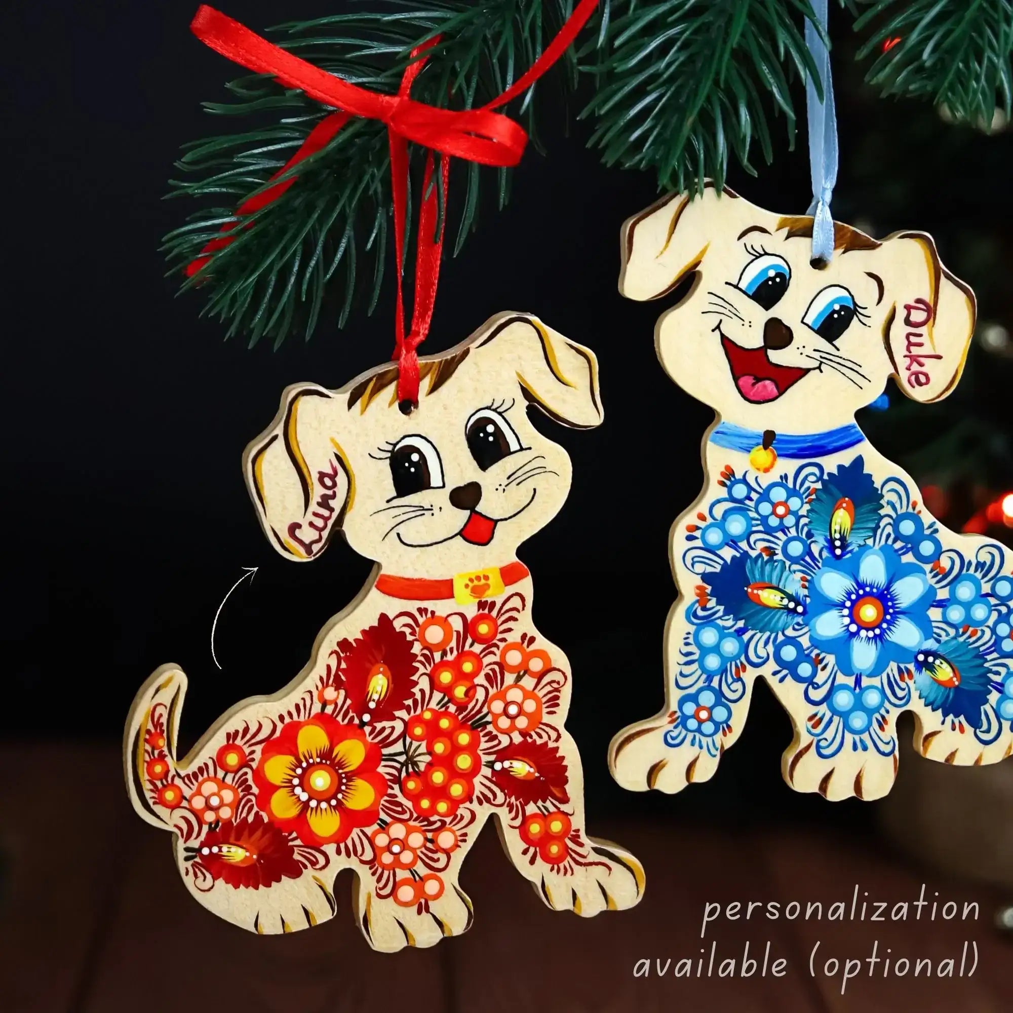 Set of 2 Personalized Painted Wooden Dog Christmas Ornaments