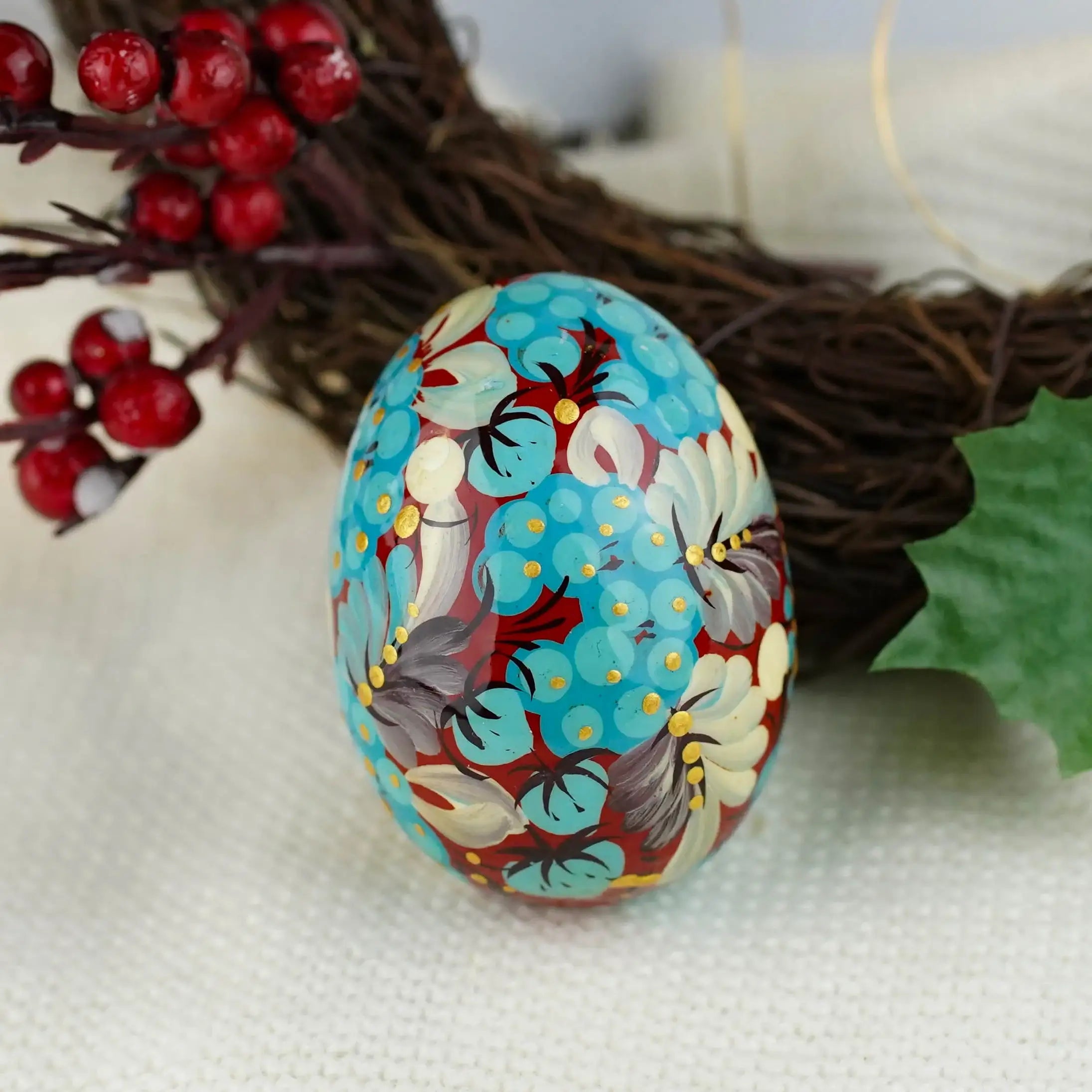 Hand-painted Wooden Burgundy and Blue Flower Easter Egg