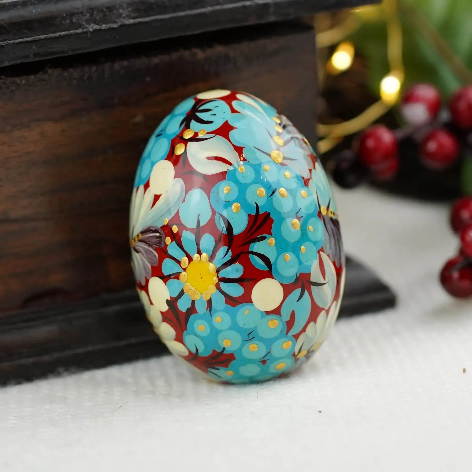Hand-painted Wooden Burgundy and Blue Flower Easter Egg