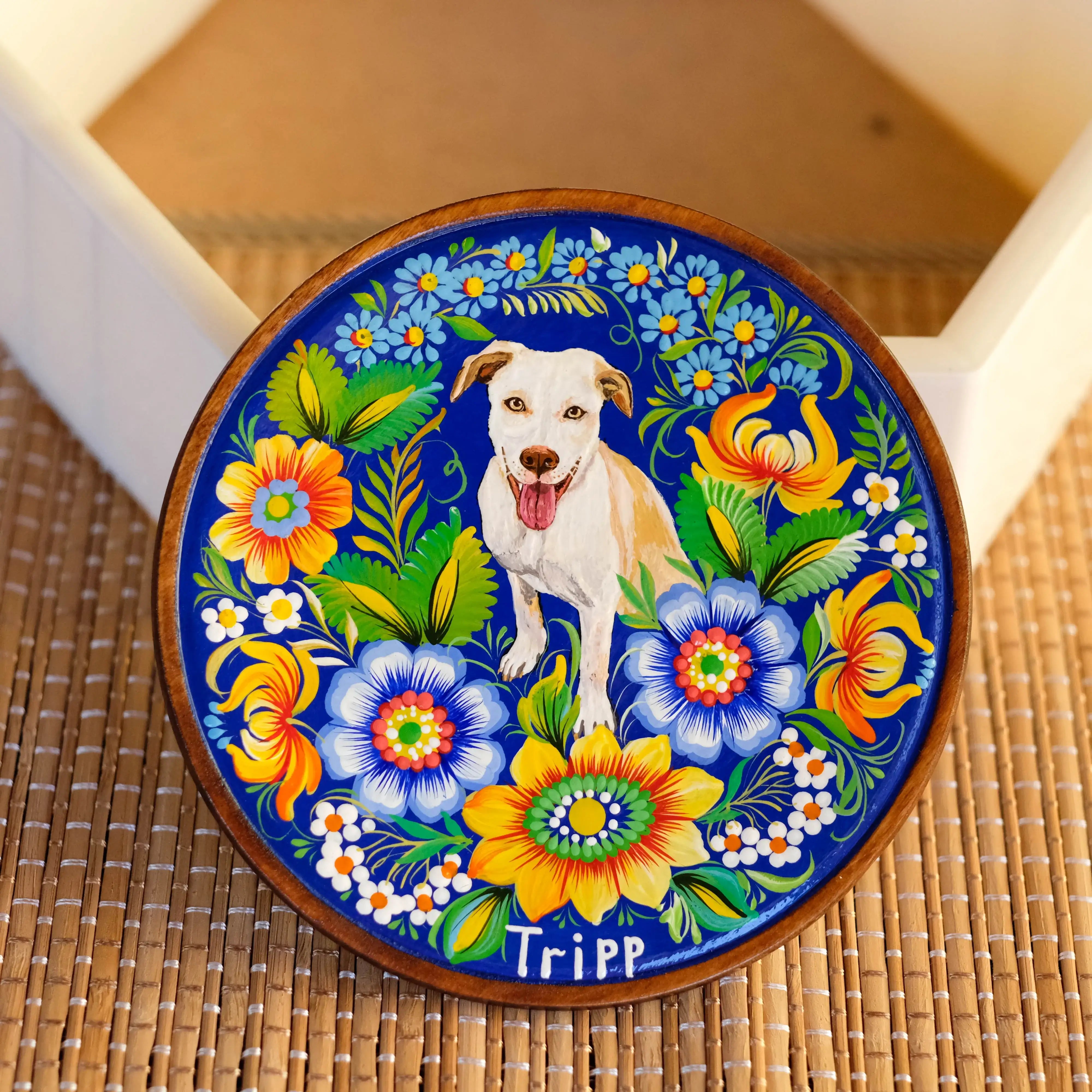 Painted Custom Pet Portrait on Wooden Plate