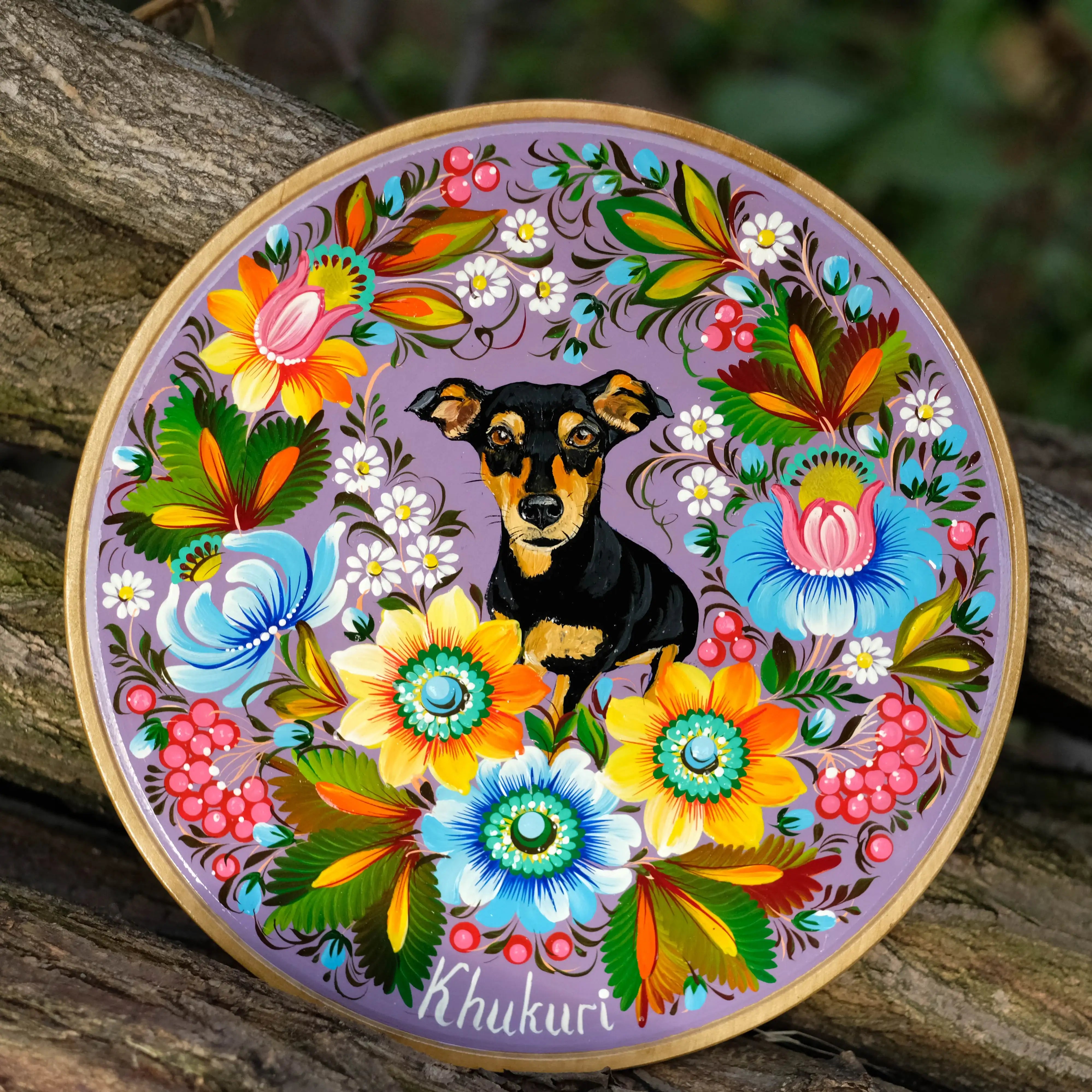 Hand-painted Custom Pet Portrait on Wooden Plate with Sunflowers