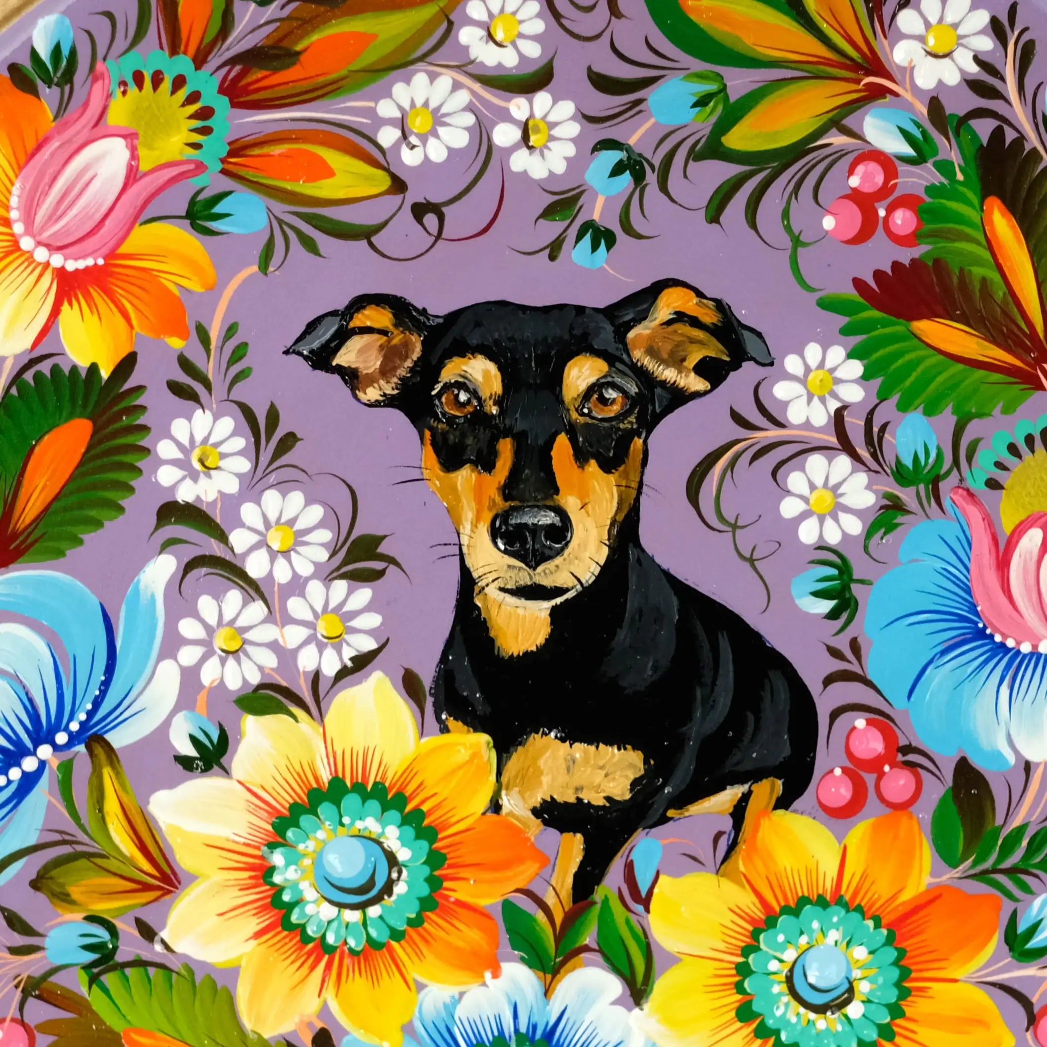 Hand-painted Custom Pet Portrait on Wooden Plate with Sunflowers