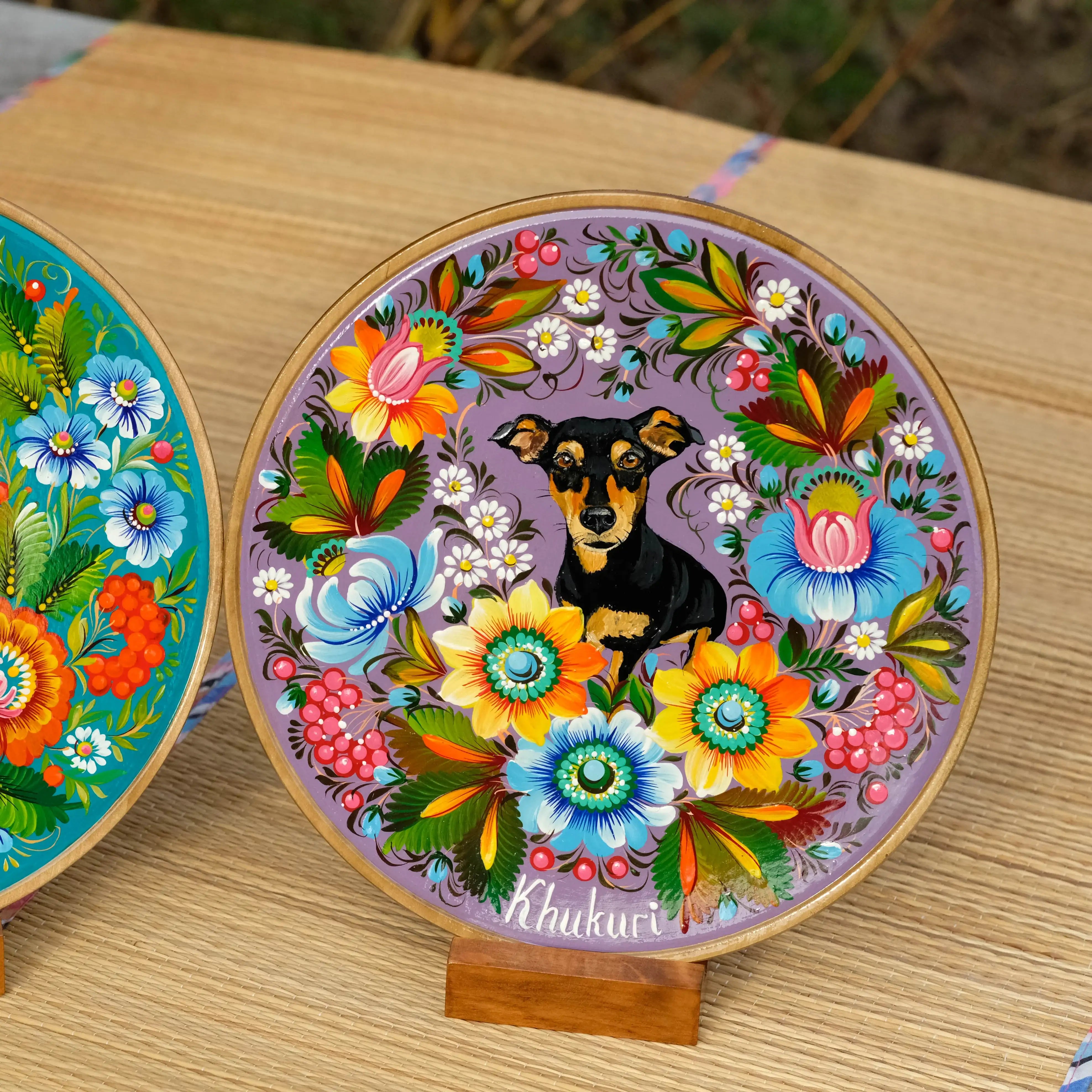 Hand-painted Custom Pet Portrait on Wooden Plate with Sunflowers